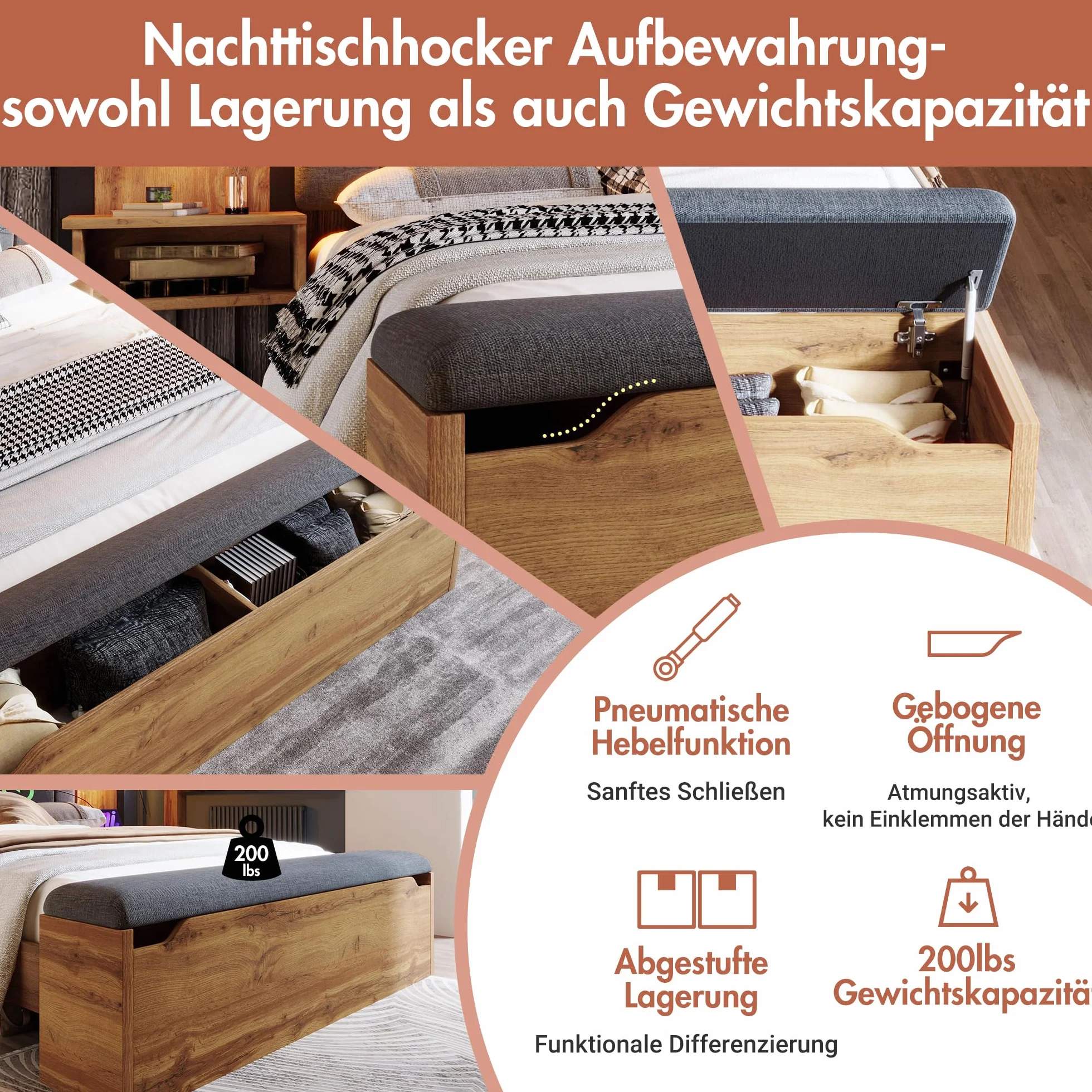 Kebnor Cama doble tapizada, cama con lámpara de lectura y mesita de noche USB C y banco con almacenamiento, estructura de cama con somier de metal, madera y lino, roble (sin colchón) (180 x 200 cm)