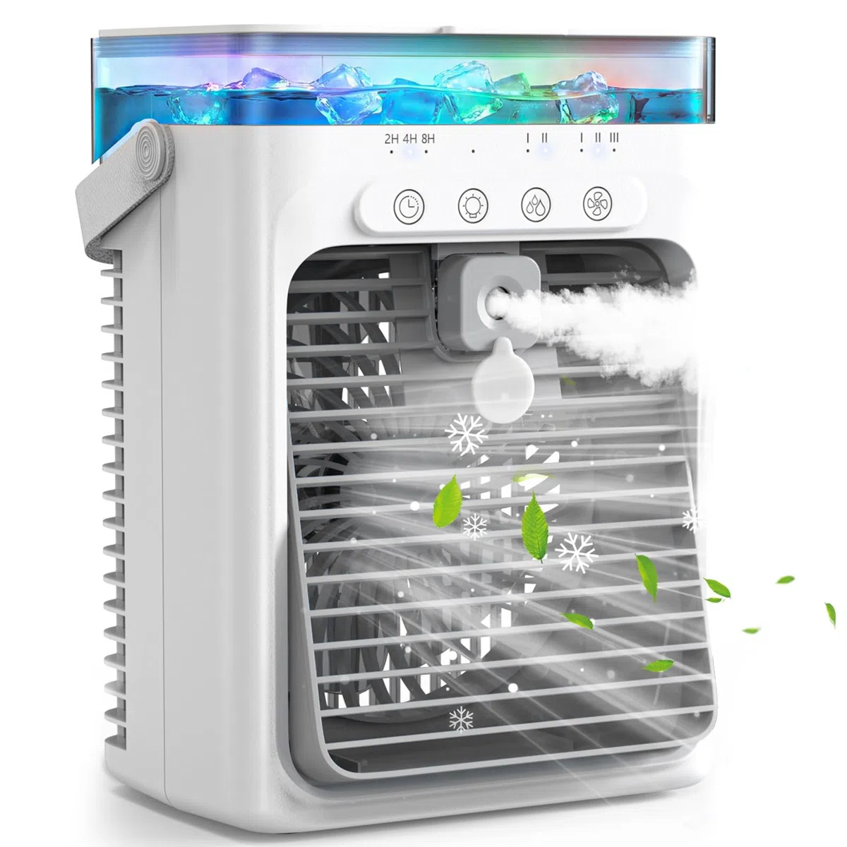 Aire Acondicionado Portátil Sin Tubo 4 en 1, Mini Aire Acondicionado Portátil, Climatizador Evaporativo USB, 3 Velocidades, 2 Modos Niebla, Depósito 1000ML, Temporizador 2/4/8H, Silencioso Ventilador