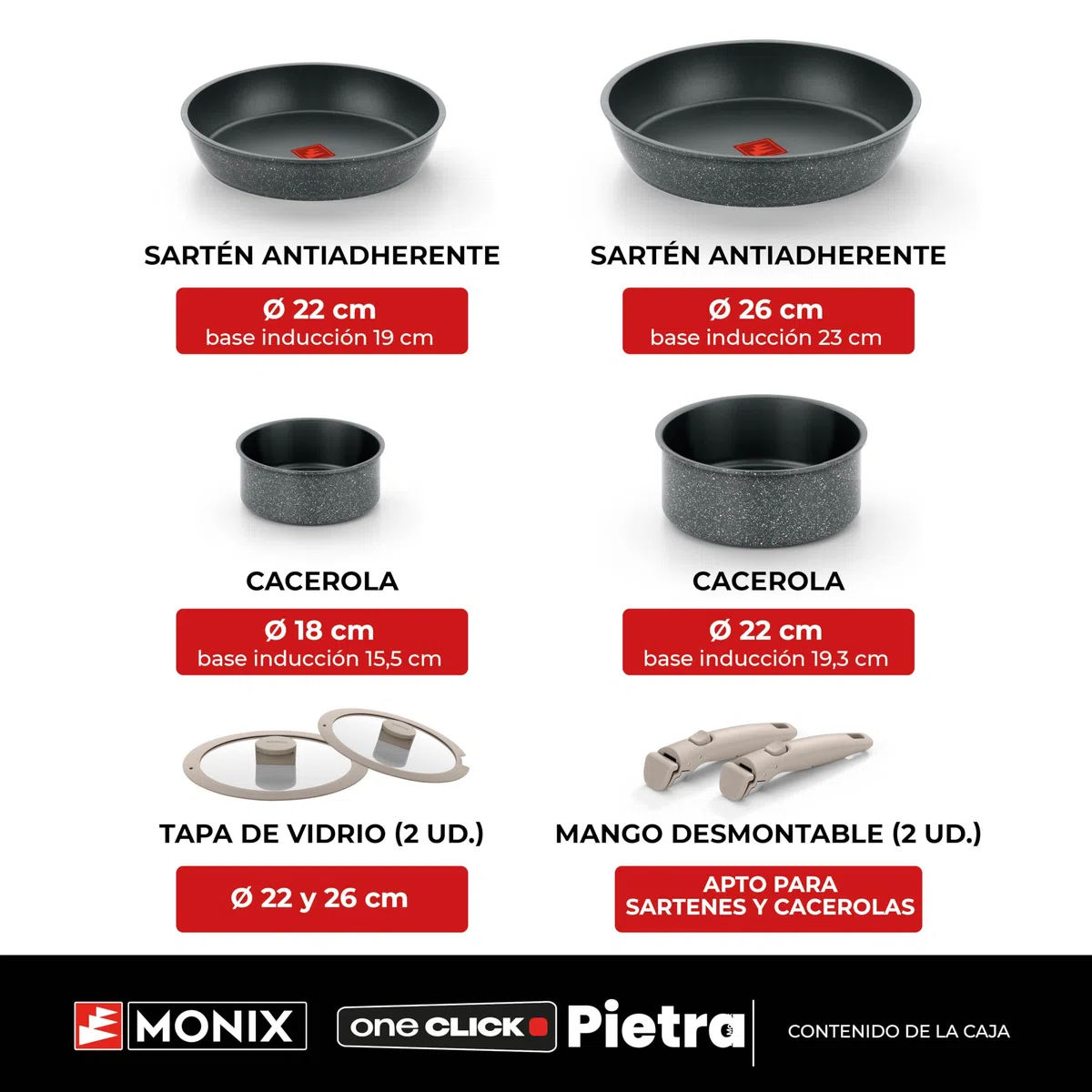 MONIX One Click Pietra | Batería 8 piezas, Aluminio Forjado con Antiadherente, libre de PFOA, Mango Desmontable, Apta para todo tipo de Cocinas, Incluida Inducción, Apilable para ahorro de Espacio