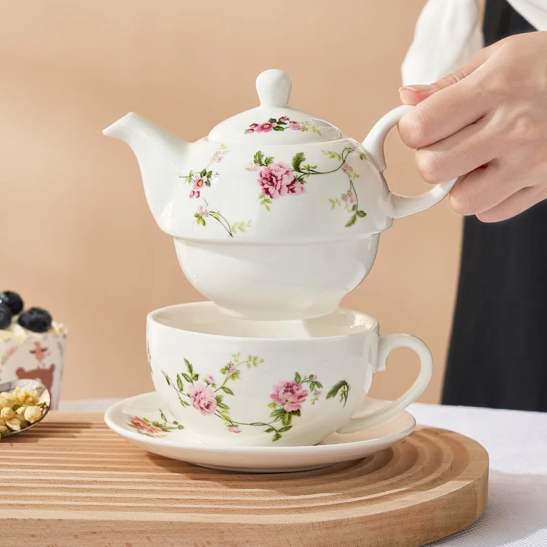 Juego de té de porcelana para uno, té de cerámica floral para una tetera y taza, juego de té de flores de ratán de 12 onzas, regalo para mujeres