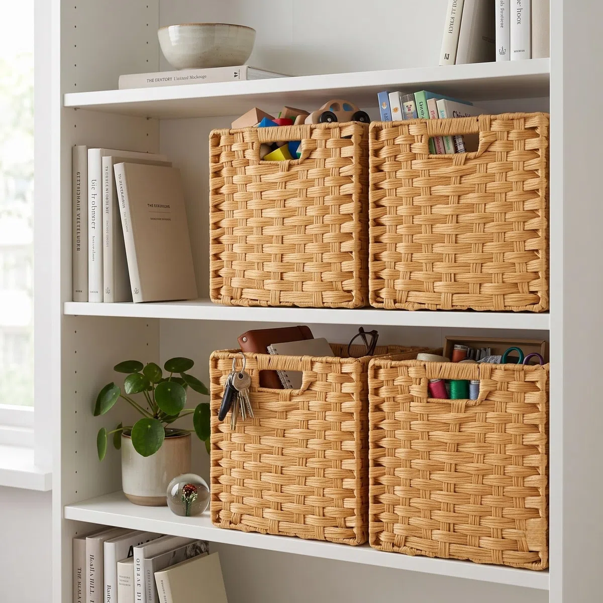 Caja de almacenamiento en forma de cubo, 25 x 25 x 25 cm, cesta de almacenamiento de ratán sintético para juguetes, ropa, estantes, guarderías, armarios, impermeables, no mohosas (beige