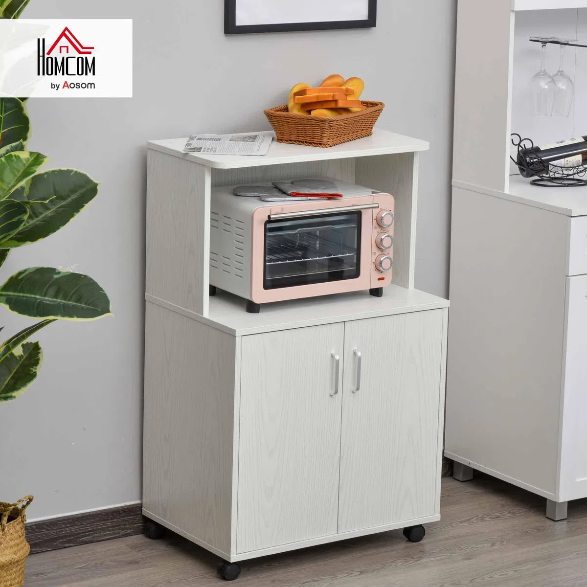 HOMCOM Aparador Auxiliar para Microondas con Ruedas 60,4x40,3x97 cm Blanco | Armario Bajo de Cocina, Armario de 2 Puertas, Estante Ajustable, Carga 70 kg