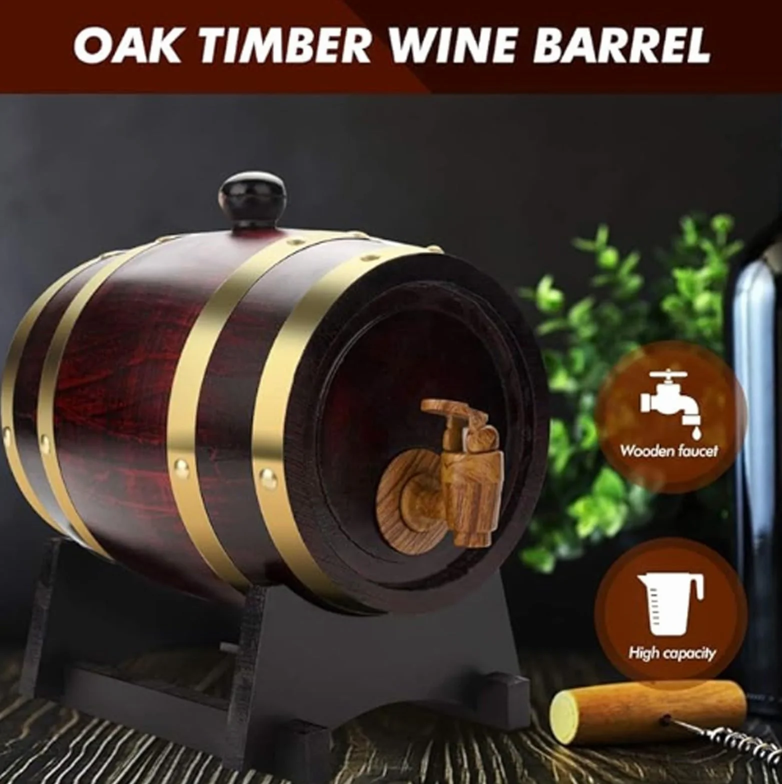 Barril de Vino de Madera Vintage de 5l/10l/15l/20l/30l/50l, Barriles con Soporte, Revestimiento de Papel de Aluminio, Ideal para Cueva de Hombre, Pub(F,10L)