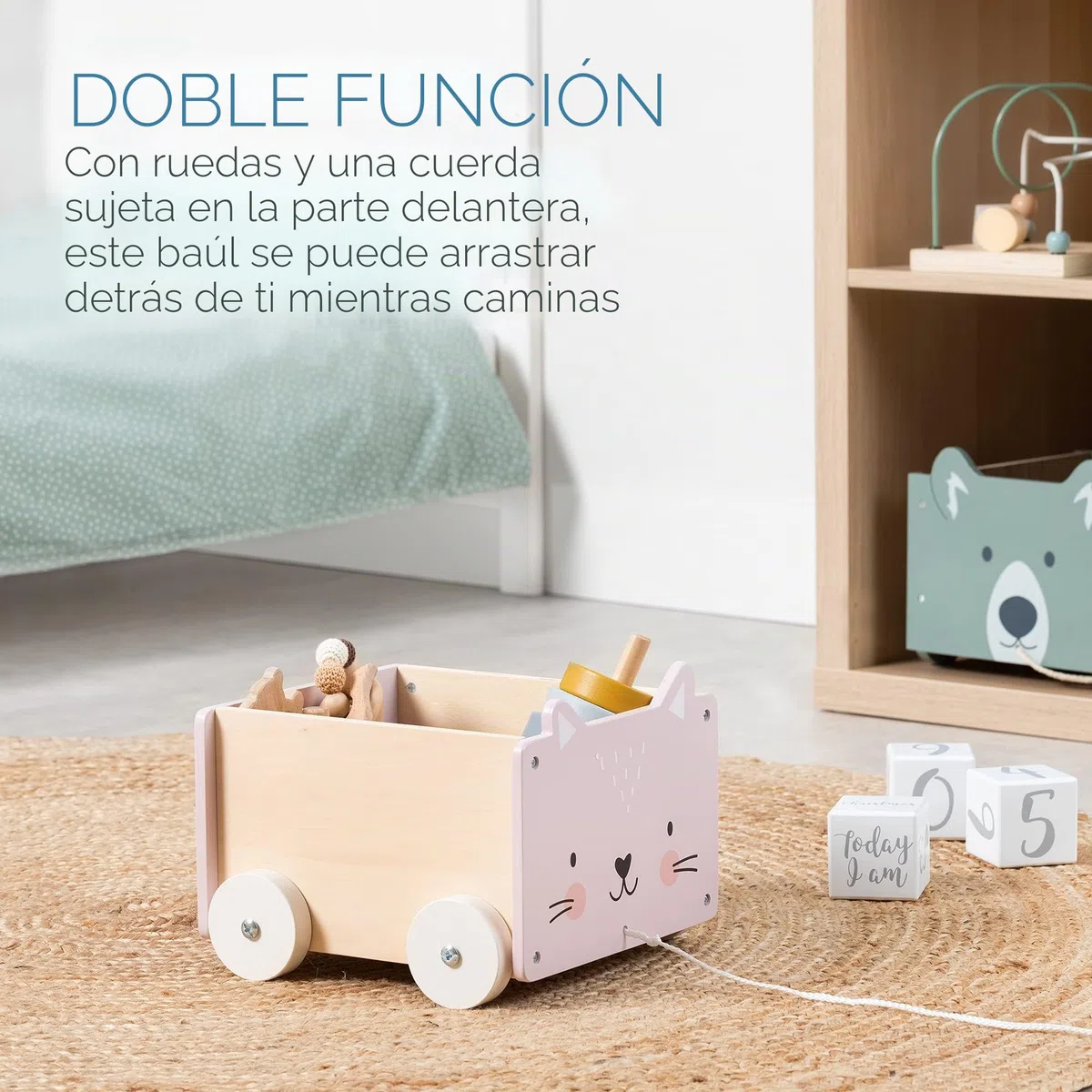 Navaris Caja de almacenamiento de juguetes - Baúl de madera para almacenaje en habitación de los niños - Cubo con ruedas y diseño de gato - Unisex