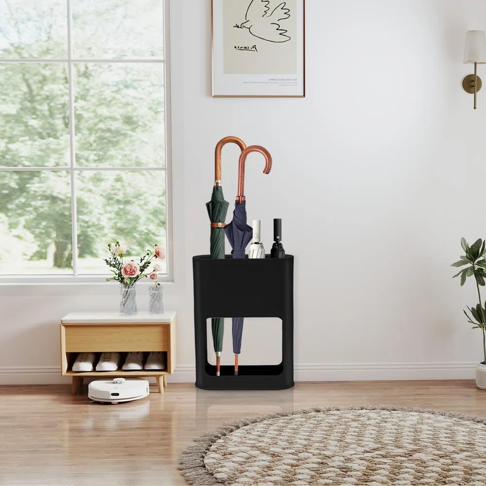 LOMUG Paragüero, soporte para paraguas con bandeja de goteo extraíble, soporte para paraguas, 4 ranuras, soporte de plástico para paraguas largo/corto, estante de almacenamiento para interiores