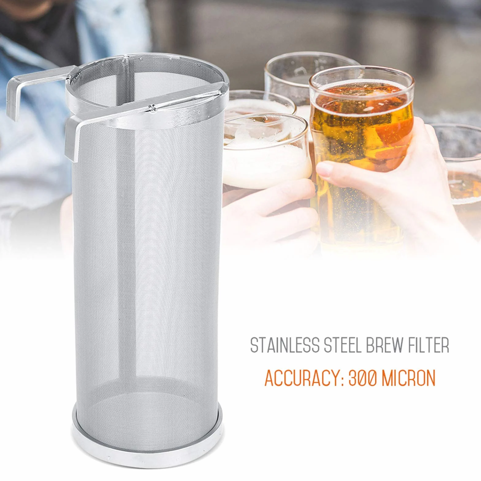 Filtro de elaboración de Cerveza, Acero Inoxidable de 300 micras, colador de lúpulo de Cerveza casero con Gancho para Equipo de Barril de hervidor de elaboración (10 * 25,5 cm)