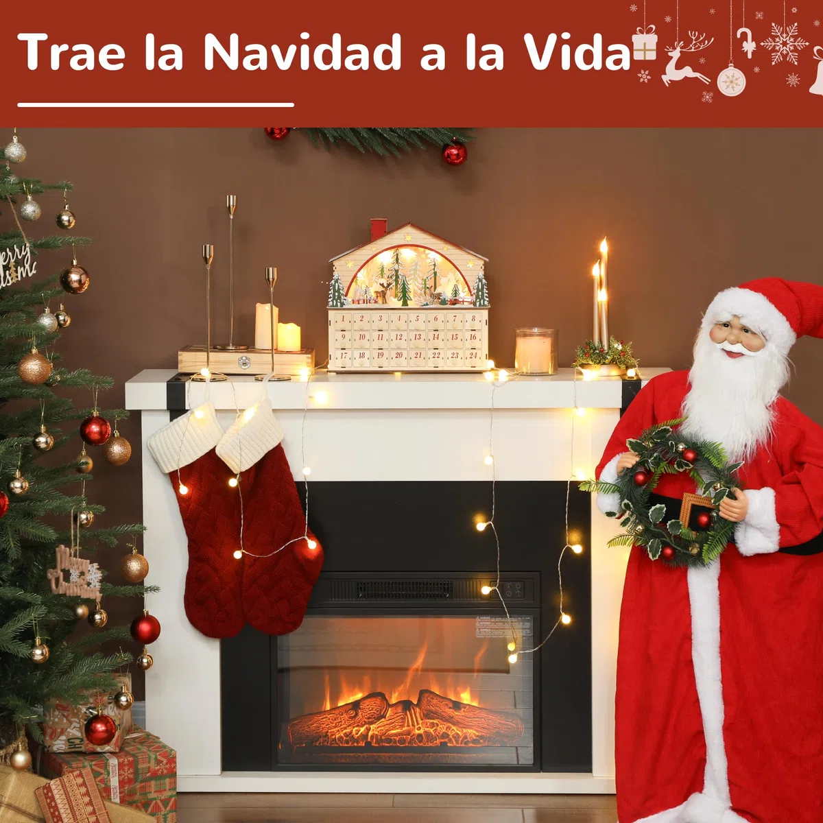 HOMCOM Calendario de Adviento para Rellenar de Madera, con Luces LED y 24 Cajones, Calendario de Adviento de Navidad Reutilizable con Escena de Pueblo, Decoración Navideña, 36x10x34 cm, Natural