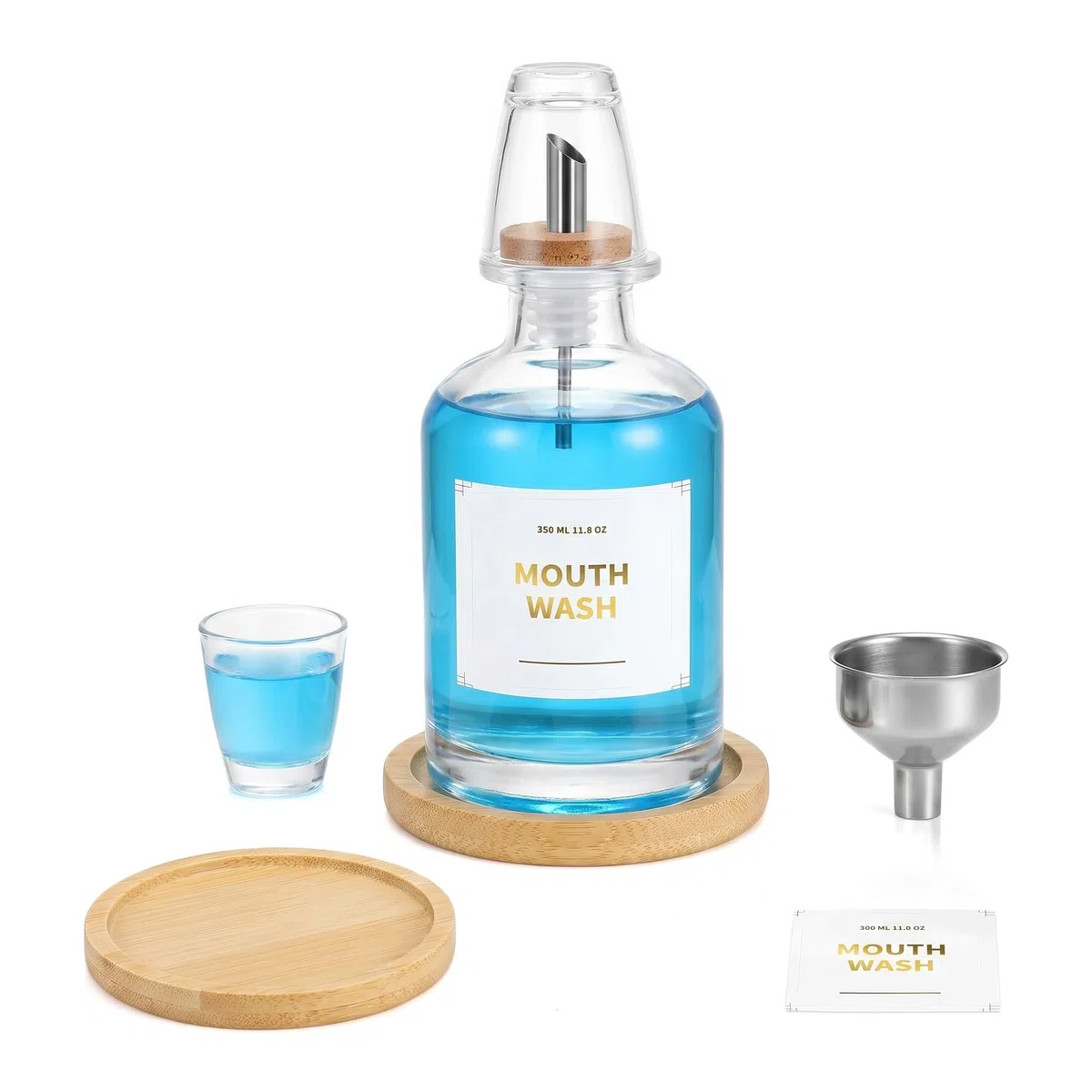 Dispensador de Enjuague Bucal de Vidrio para Baño, 350ml con Vaso, Embudo de Acero y Bandeja de Bambú, Alternativa a Dispensador Jabon Automatico