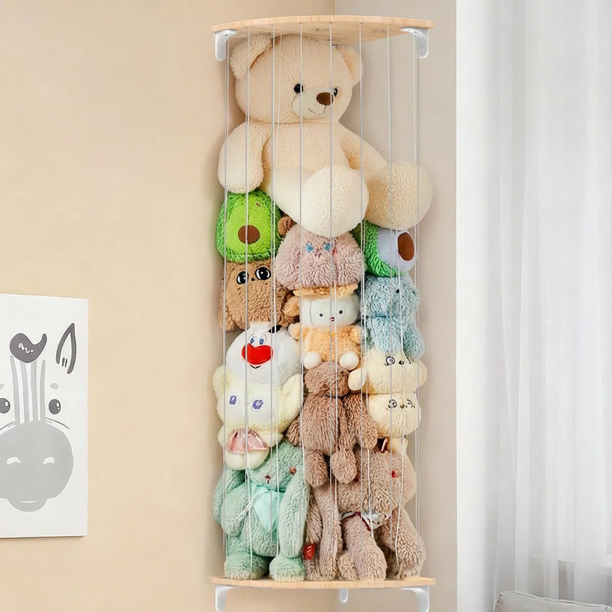 SUNMON Organizador Peluches de Pared Ajustable, Madera Maciza con Diseño de Estrellas, Estante Peluche Colgante, 111-180 cm de Altura, Almacenamiento Juguetes para Habitación Infantil