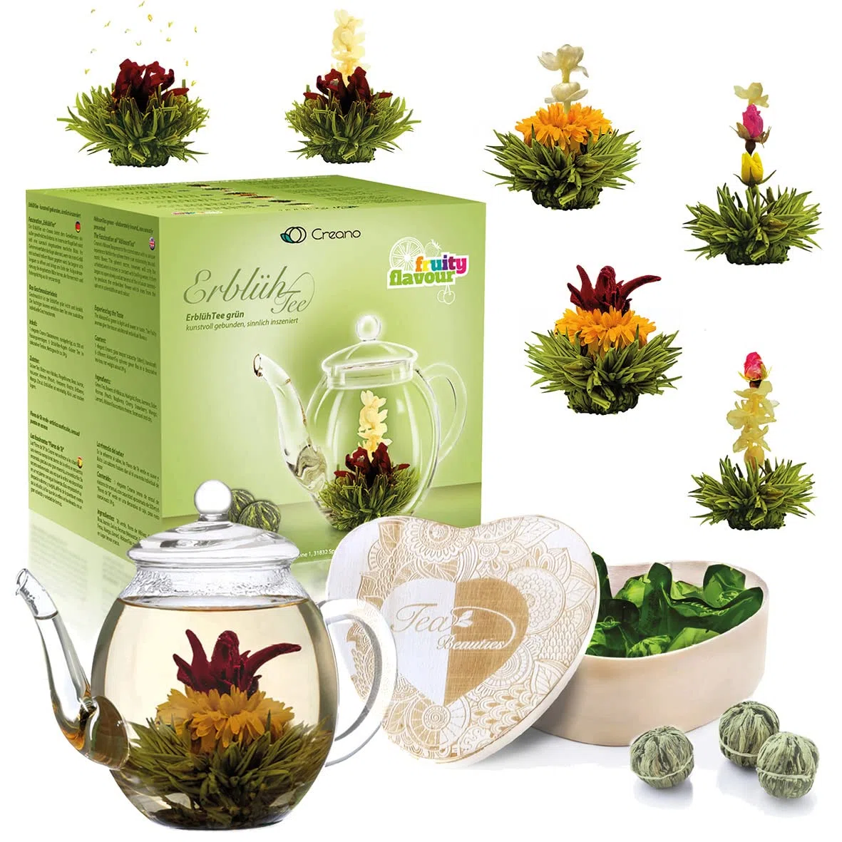 Creano Flores de Té Verde 6 uds en Caja Corazón con Tetera de Vidrio 500ml Antigoteo – 6 Variedades – Regalo Romántico para Ella