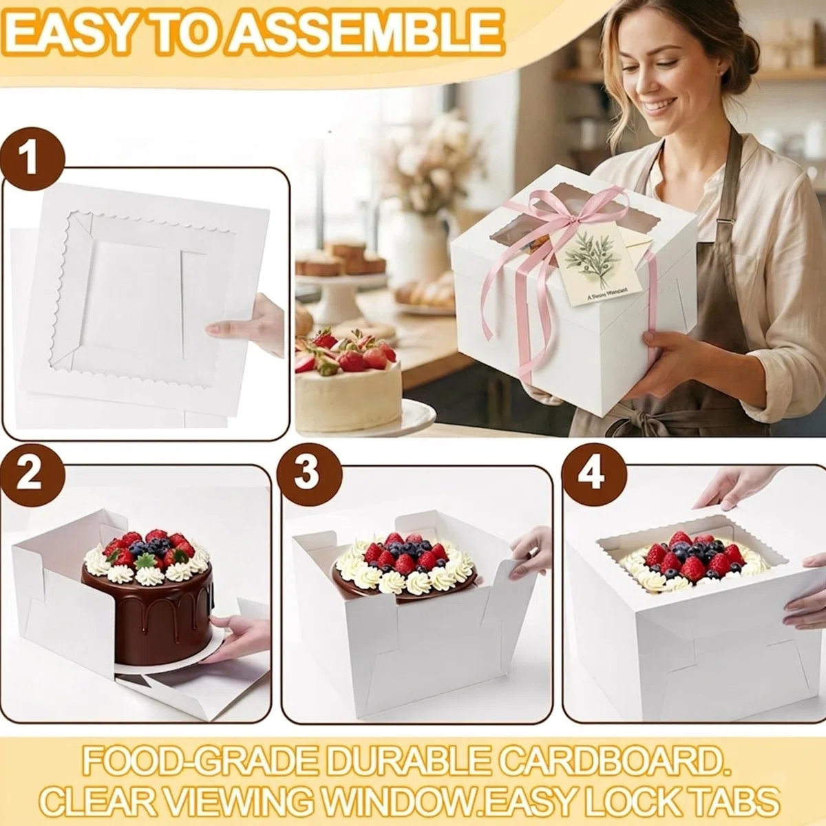 10 juegos de Cajas para Tartas, 30,5 x 30,5 x 20,3 cm Caja Tarta de Cartón Con Ventana Transparente y Bandeja,Recipiente para Tartas