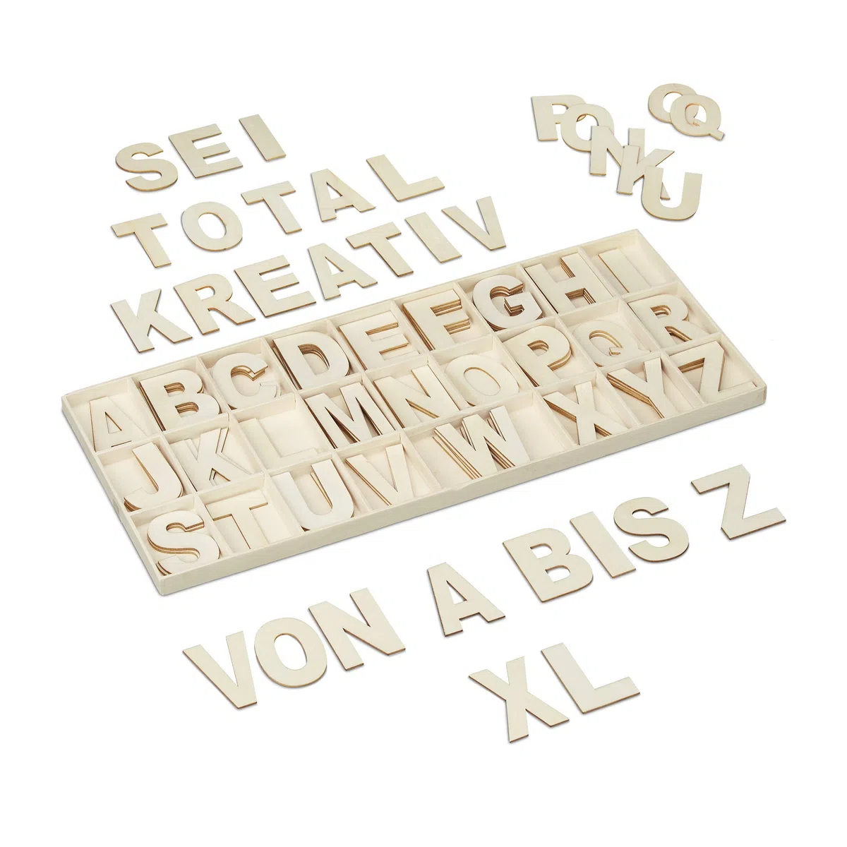 Relaxdays Set Letras de Madera, 104 Piezas, Mayúsculas A-Z 5,5 cm de Alto, Letritas para Manualidades, Alfabeto, Natural