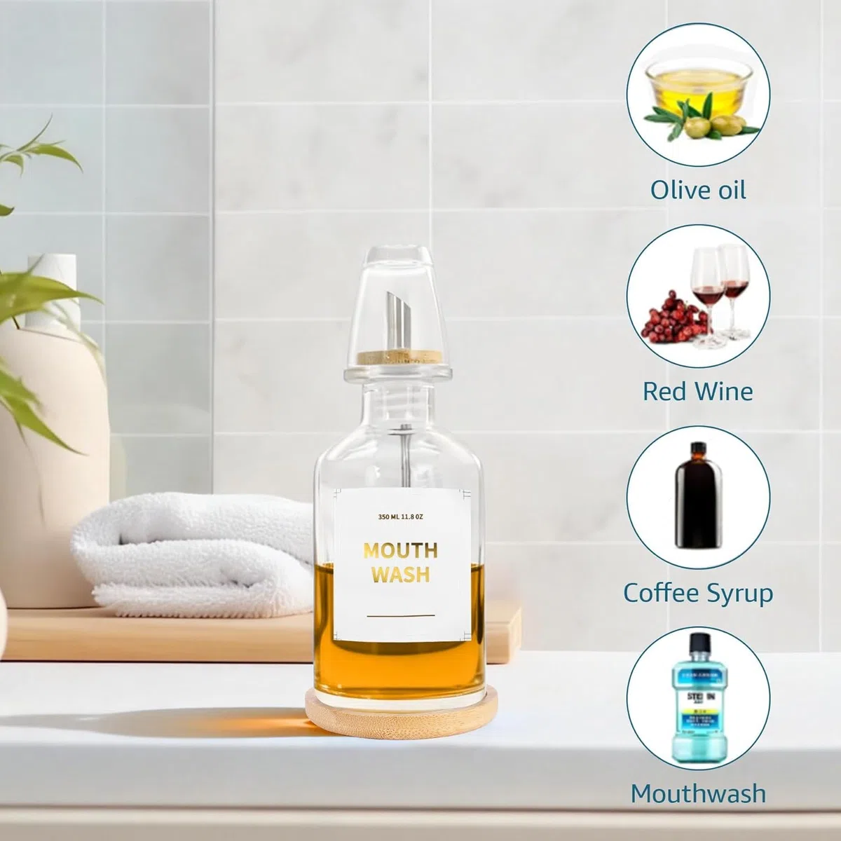 Dispensador de Enjuague Bucal de Vidrio para Baño, 350ml con Vaso, Embudo de Acero y Bandeja de Bambú, Alternativa a Dispensador Jabon Automatico