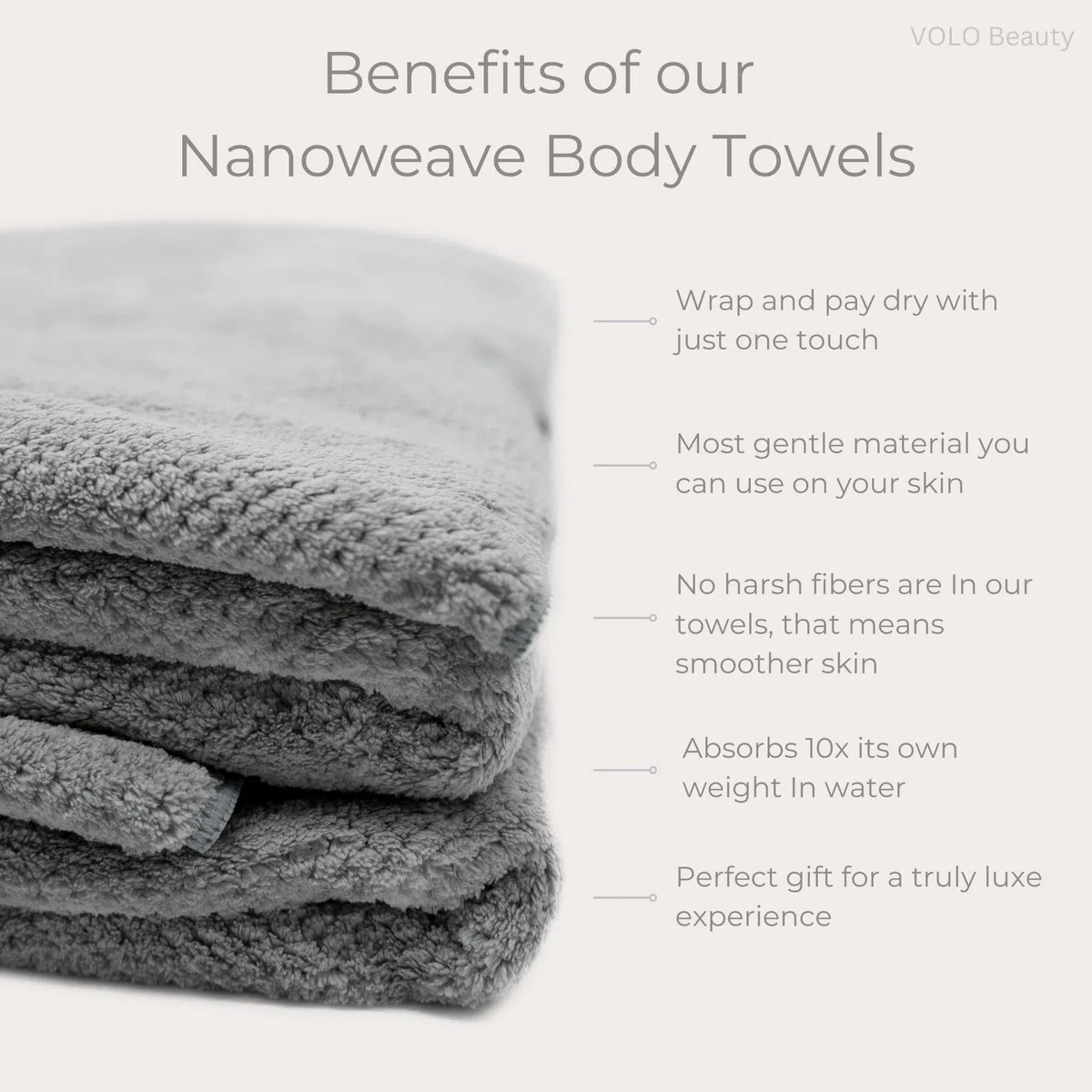 VOLO Hero Luna - Toalla corporal gris | Toalla de baño de lujo | Ultra suave, súper absorbente, tela de nanoweave de secado rápido | Toallas de spa para baño | Envoltura extra grande para después de
