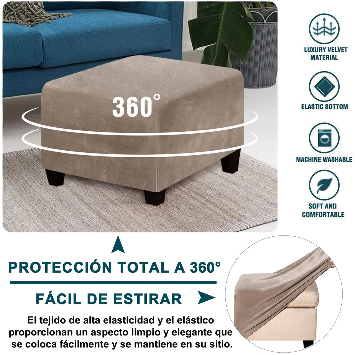 Funda Otomana Rectangular, Elasticidad Funda De Reposapiés Terciopelo Funda para Taburete Extraíble Antideslizante Funda De Puff con Parte Inferior Elástica-Gris Pardo-X-Large