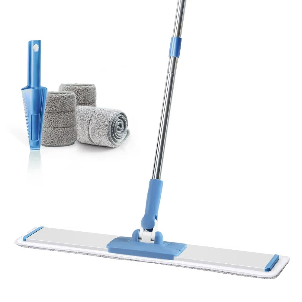 CQT Sistema de Limpieza de Piso de Microfibra Plana Comercial, 61 cm, para Mojado y seco y Polvo de Madera Dura con 4 Almohadillas Lavables, Limpiador para Azulejos laminados, Mango y extensión de