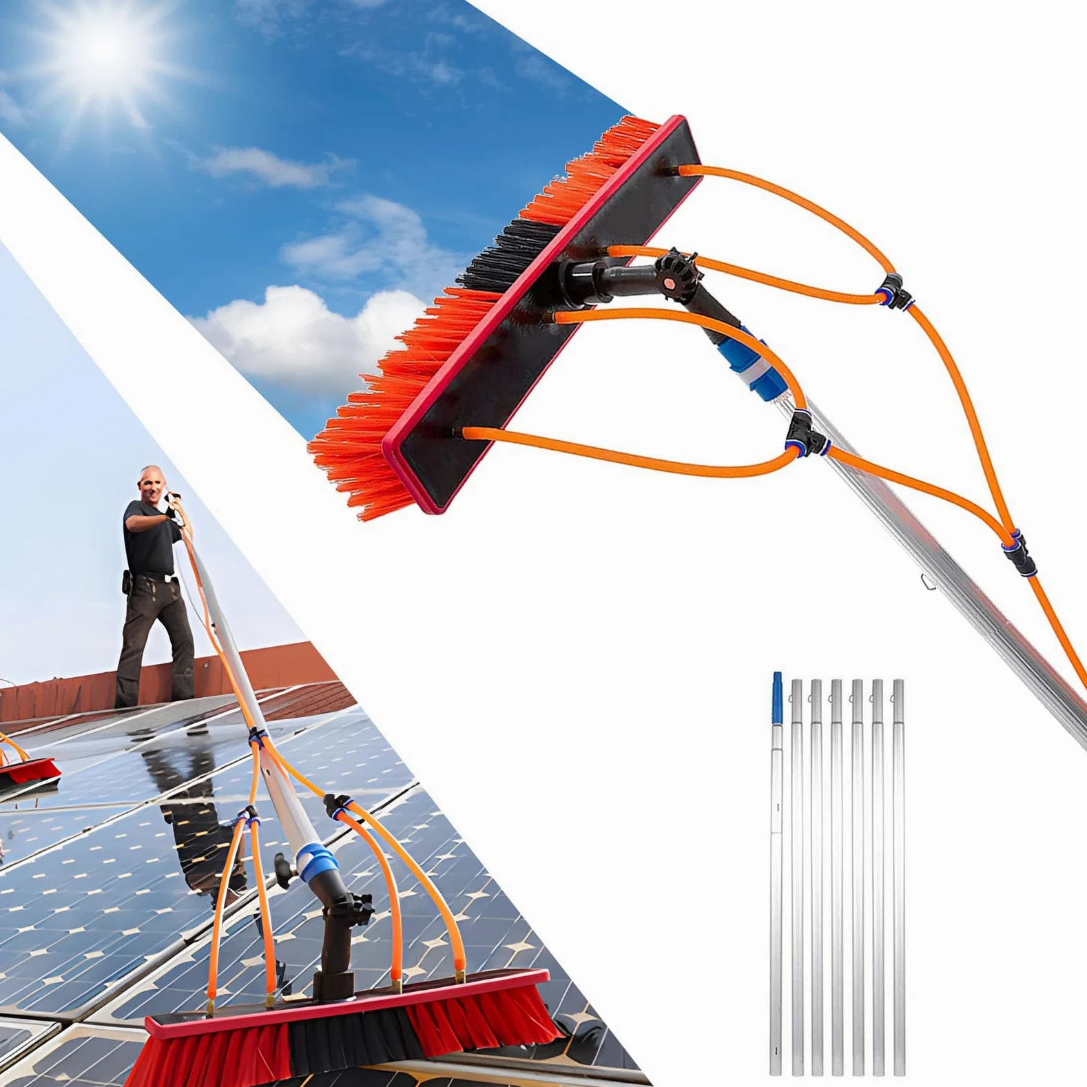 Barra de limpieza de ventanas de 5 m, kit de cepillo extensible de 17 pies para panel solar, limpieza de tejados y canalones – Equint alimentado por agua para un fácil lavado