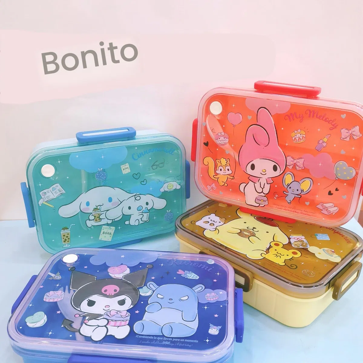 Roffatide Cinnamoroll Imprimir una caja de almuerzo integrada con cuchara kawaii cerradura de 4 puntos para bocadillos de alimentos y frutas