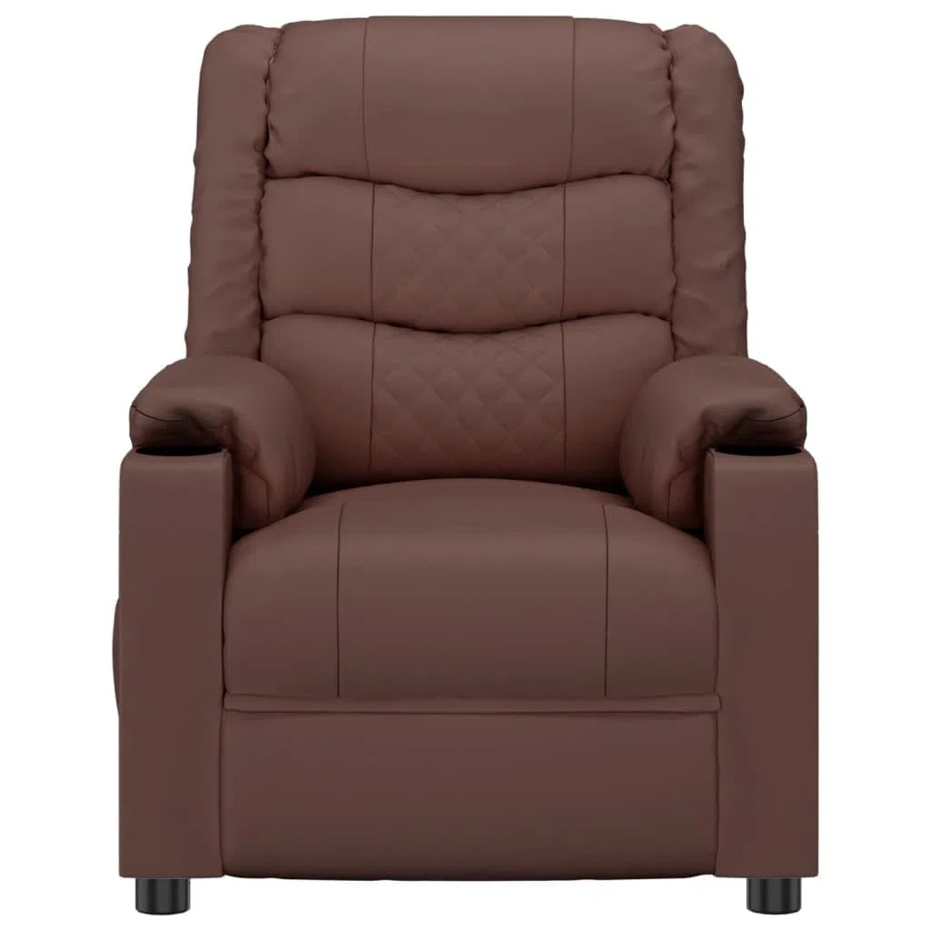 Sillón de relax manual marrón de piel sintética con 3 posiciones, respaldo y reposapiés ajustables manualmente, asiento acolchado grueso con reposabrazos anchos, marco de madera y metal