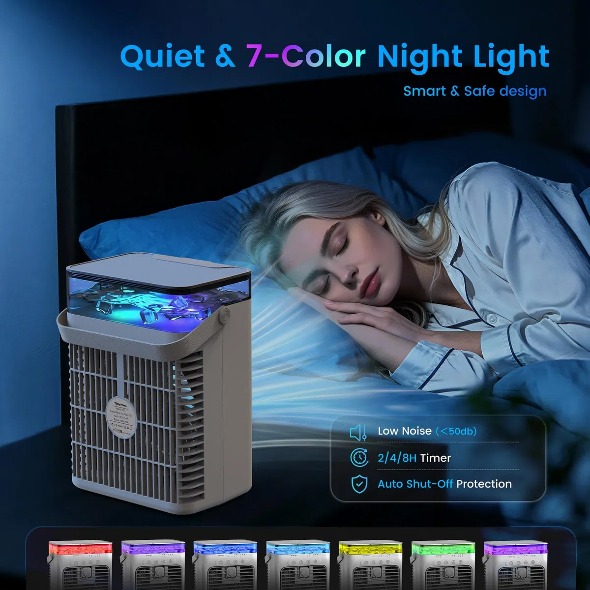 Aire Acondicionado Portátil Sin Tubo 4 en 1, Mini Aire Acondicionado Portátil, Climatizador Evaporativo USB, 3 Velocidades, 2 Modos Niebla, Depósito 1000ML, Temporizador 2/4/8H, Silencioso Ventilador