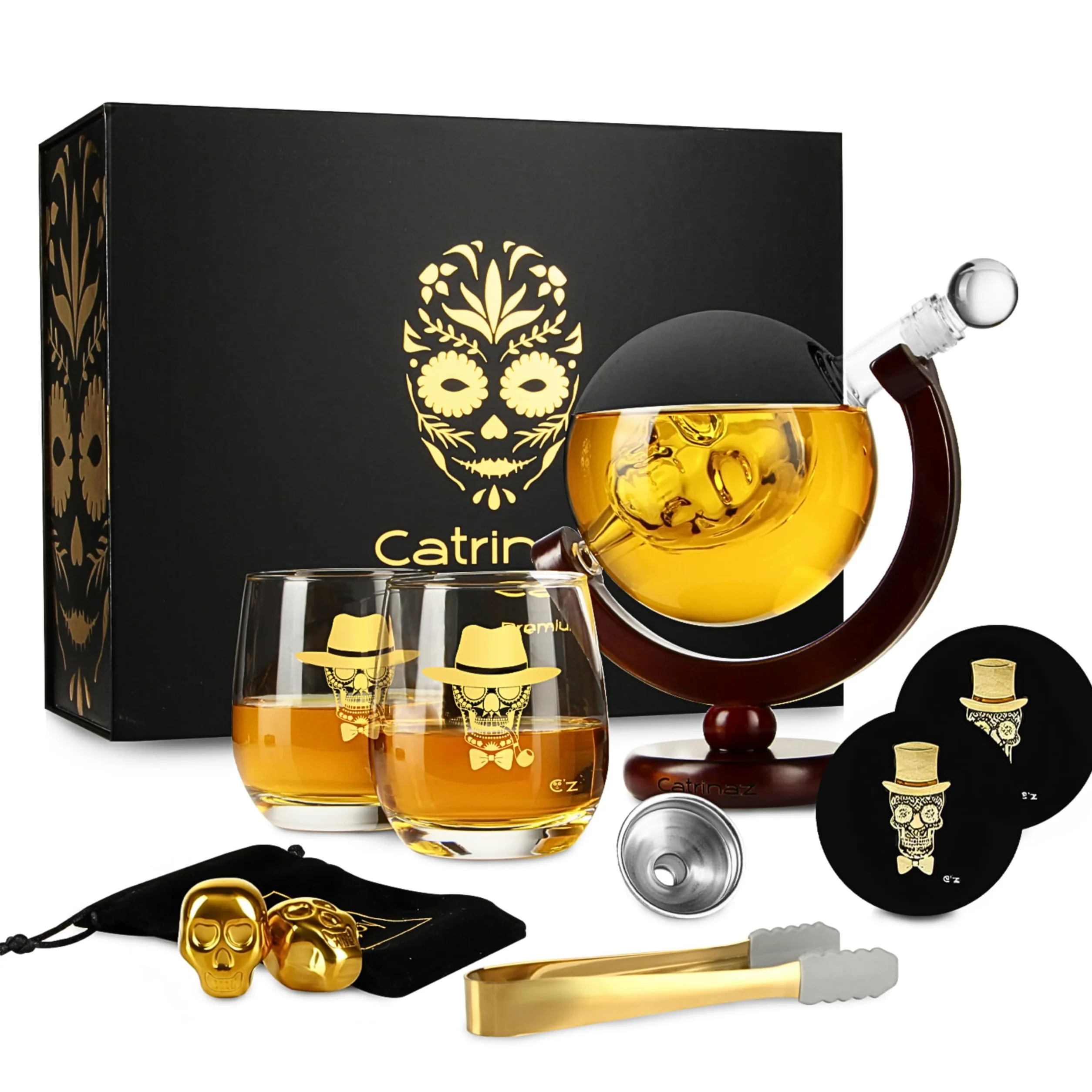 Jarra de Whisky - Juego de decantador de Whisky de Lujo - 0,9 L - Incl. 2 Piedras de Whisky de Calavera Dorada - 2 Vasos de Whisky - 2 Posavasos únicos