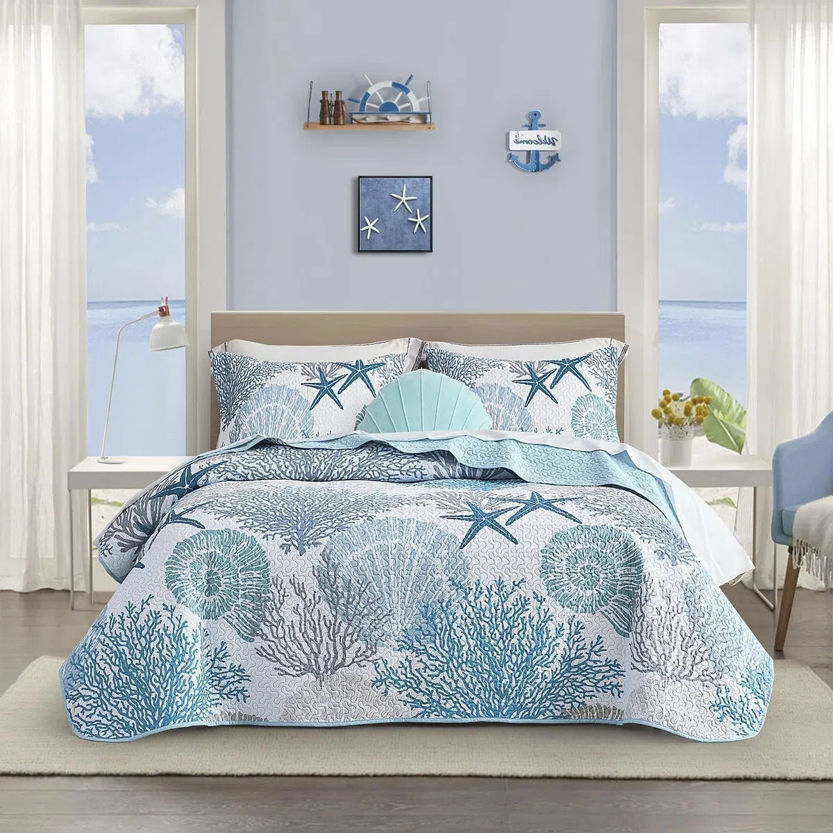 Tritard Juego de edredón costero de 3 piezas tamaño matrimonial/queen, edredones reversibles de microfibra con 2 fundas de almohada, ropa de cama de playa, colcha náutica, edredón de verano para todas