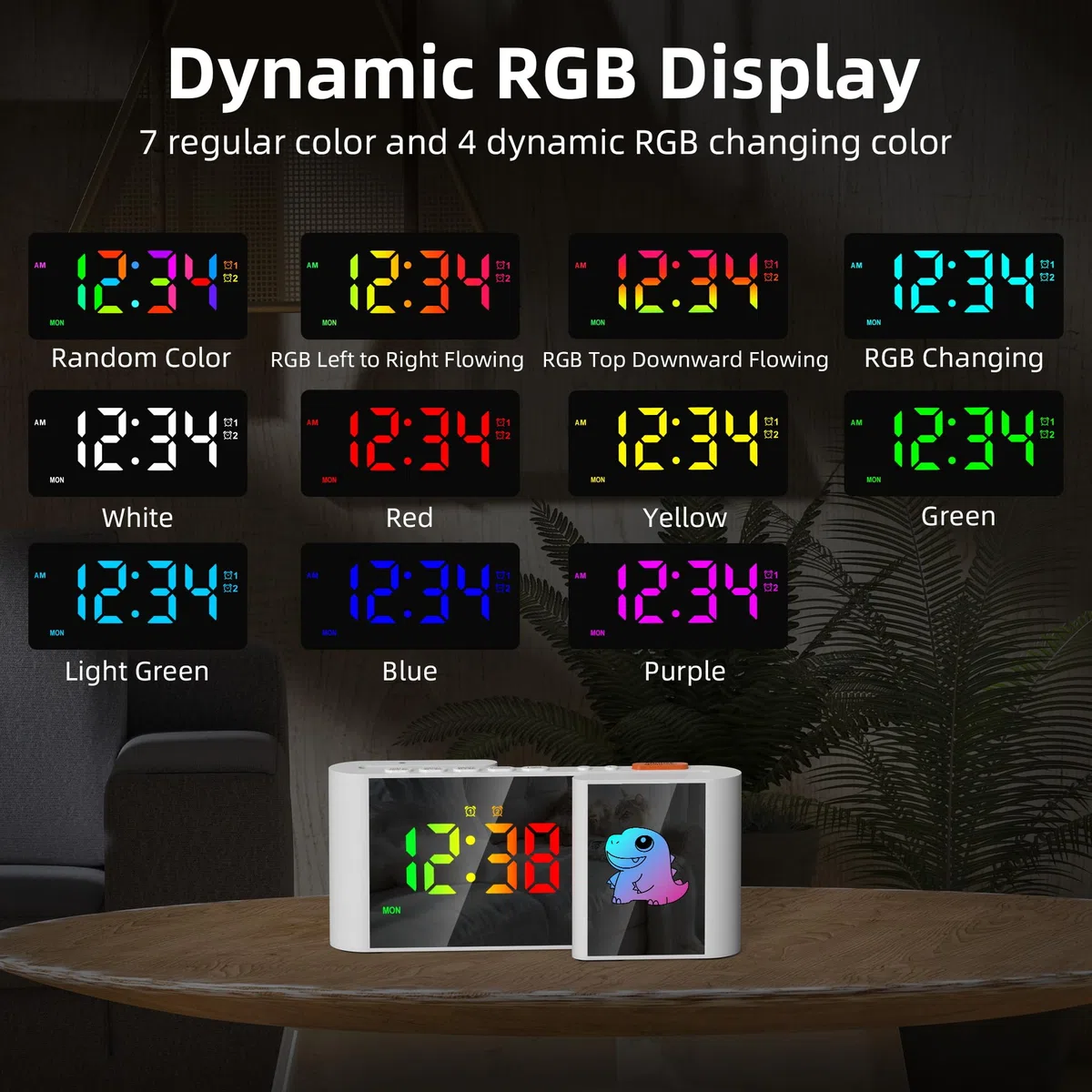 Reloj despertador digital con pantalla RGB, atenuación automática, doble alarma, pantalla semanal, volumen y brillo ajustables, puertos de carga USB, reloj para niños, decoración para