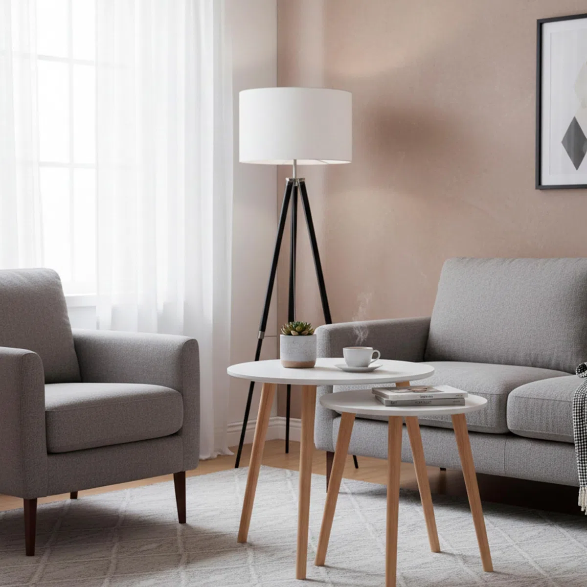 AKTIVE MAX Home Set de 2 mesas auxiliares, D40x44 cm y D50x50 cm, Peso máximo soportado 5kg, Nido, Blancas, Patas de Madera Natural, para salón, Comedor, Oficina (18510)