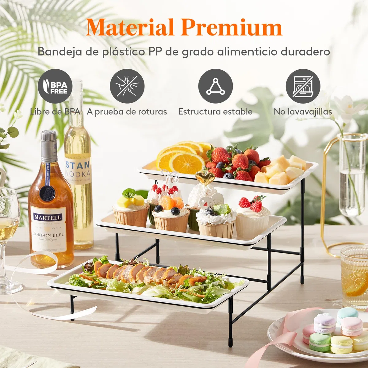 Bandeja de 3 Niveles para Fiestas Lifewit, Bandejas de plástico de 30x17cm para Alimentos, Bandejas Reutilizables Blancas con Soporte de exhibición de Metal Negro para Alimentos