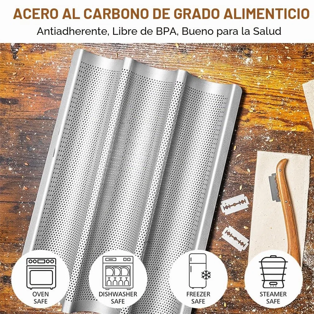 Bandeja para 3 Baguettes, Molde para Pan, Accesorios para Hornear, 38,5 x 28,5 cm
