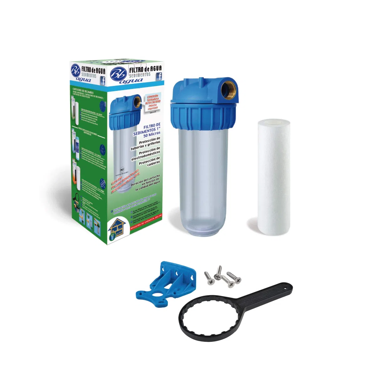 Bbagua Portafiltro de agua 10” con filtro de sedimentos incluido, rosca 1”, 50 micras, soporte y llave | Prefiltro para arena, barro y partículas