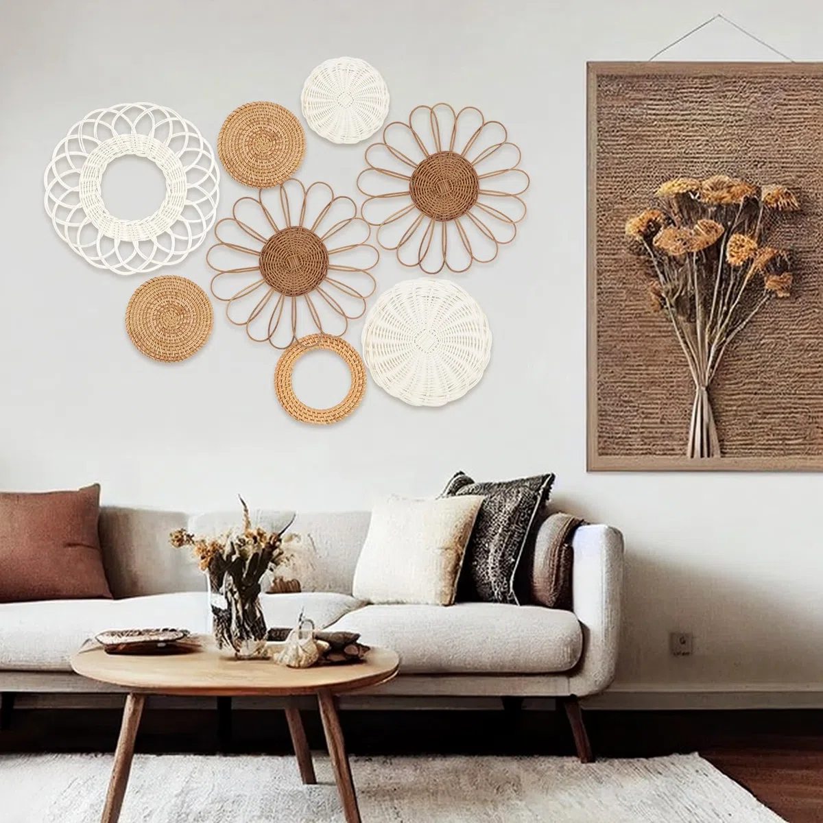 YIYA Juego de 8 Cestos Mimbre Decoración Pared Cestas de Ratán para Pared Decoración Bohemia para Decoración de Pared Sala de Estar o Dormitorio