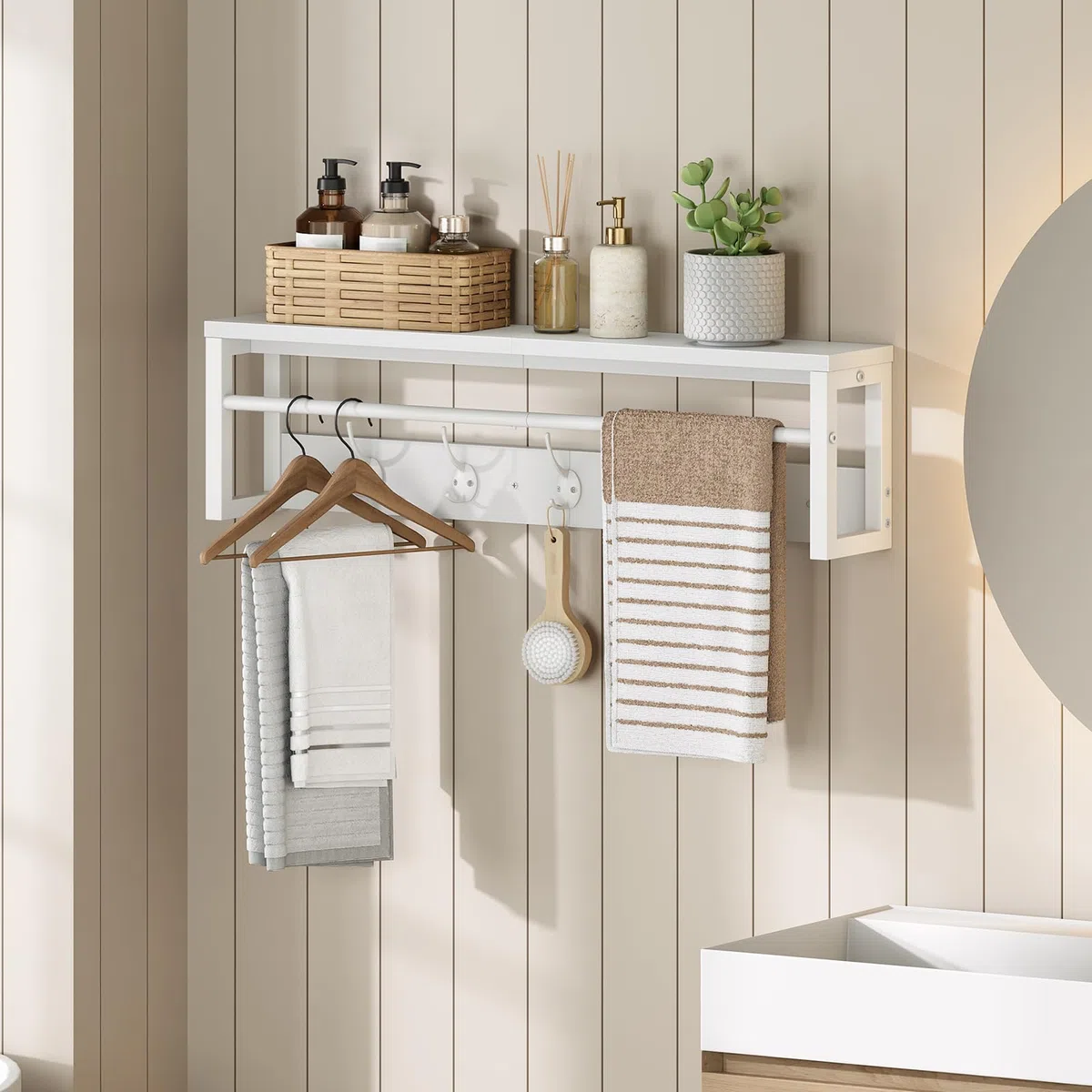 HOOBRO Perchero de Pared con Estante, Perchero Flotante con Barra y 5 Ganchos, Estante Colgante para Paraguas, Sombreros, Bufandas, para Entrada, Pasillo, Sala de Estar, Dormitorio, Blanco EWT78YM01