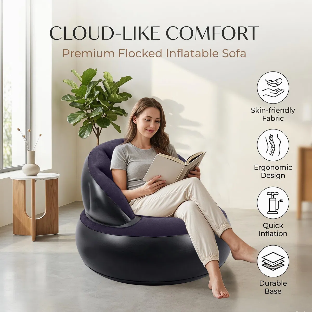 Sillón hinchable con bomba, sillón de aire plegable para interior y exterior, cómodo sofá hinchable para adultos y niños, puf portátil de repuesto para salón, camping, balcón (azul oscuro)