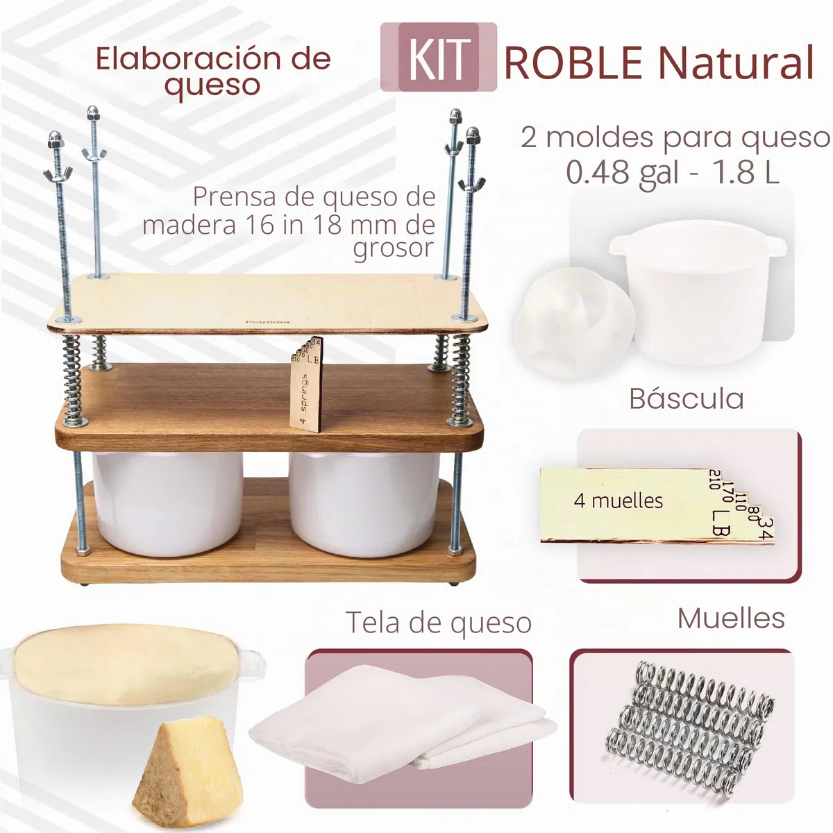 Prensa de queso para hacer queso de 40 cm, roble natural, 18 mm de grosor, kit de fabricación de queso con prensa de queso de madera y 2 moldes de queso de 1.8 L blanco