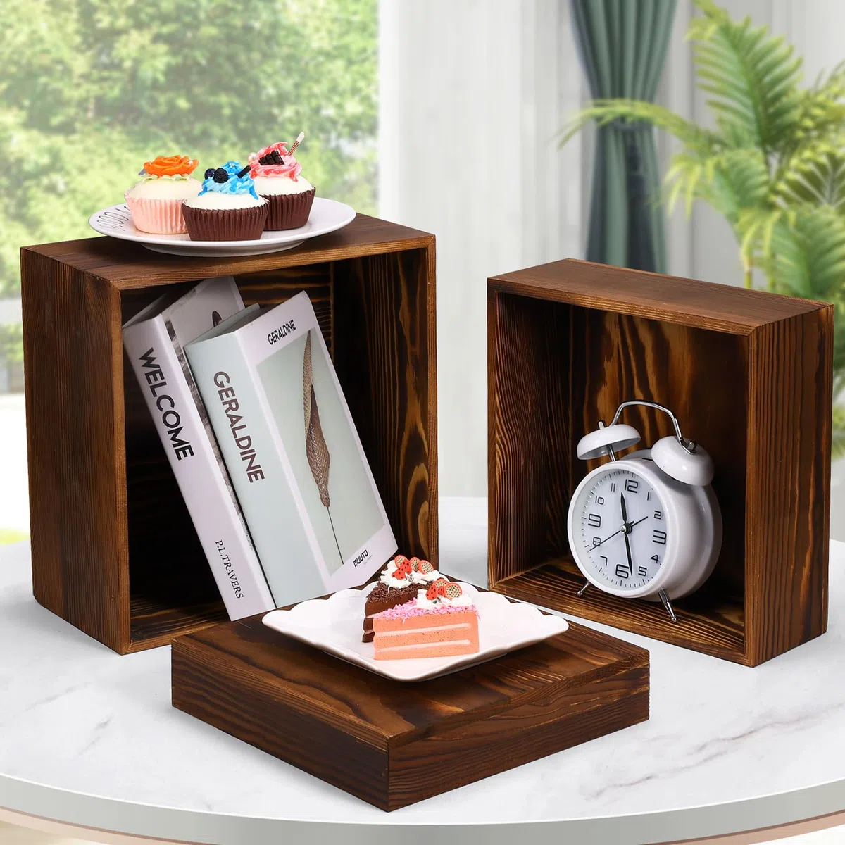 Paquete de 6 soportes de madera para exhibición, elevadores cuadrados de buffet para fiestas, soportes de madera para pasteles, soportes rústicos para cupcakes, cajas de madera para exhibición,