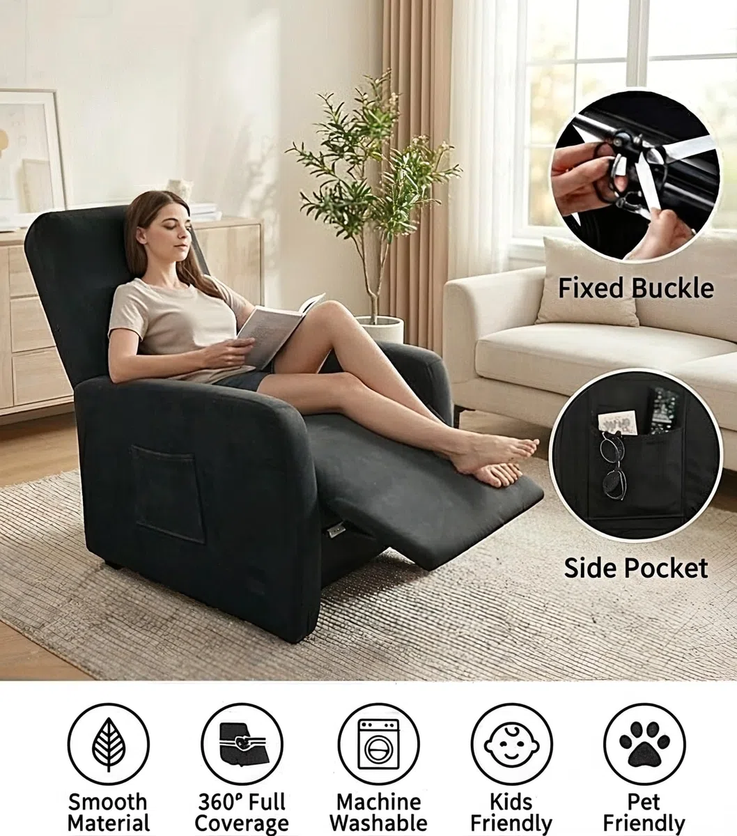 Highdi Funda Sillon Relax Reclinable, Elástica Funda Sillon Relax 1 Plaza, Gris Oscuro 4 Piezas Funda para Sofá Reclinable con Bolsillos Laterales Extraíble y Lavables