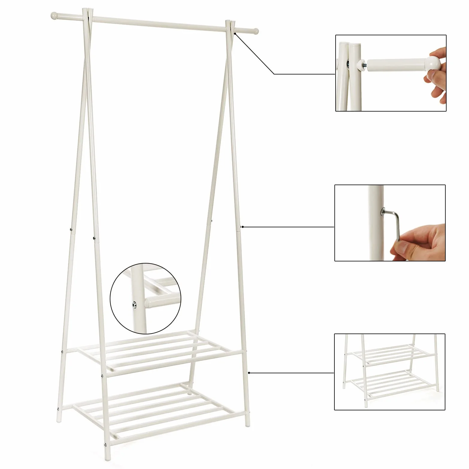 SONGMICS Perchero con Estante de 2 Niveles para Zapatos y Cestas, Estructura Metálica, Ahorra Espacio, Ideal para Dormitorio, Entrada, Oficina y Más, Blanco Cremoso HSR05W