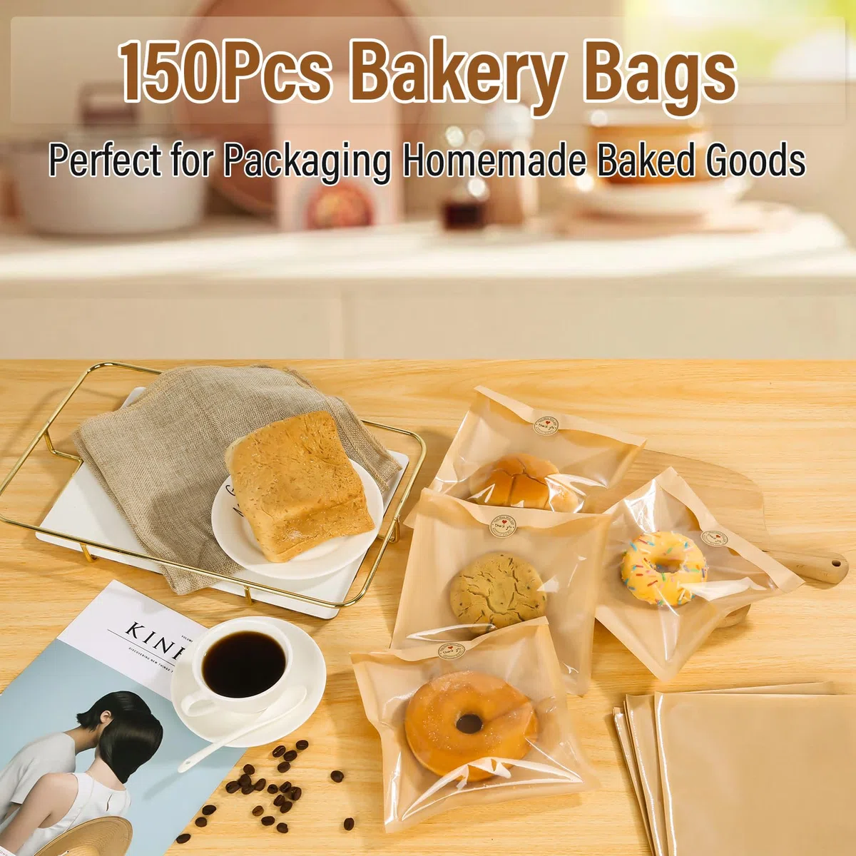 Paquete de 150 bolsas de panadería con ventana, 7.5 x 7.1 pulgadas, bolsas de papel Sublaga para sándwich, bolsas de dona para llevar, bolsas de papel de panadería para dulces, aperitivos, embalaje de