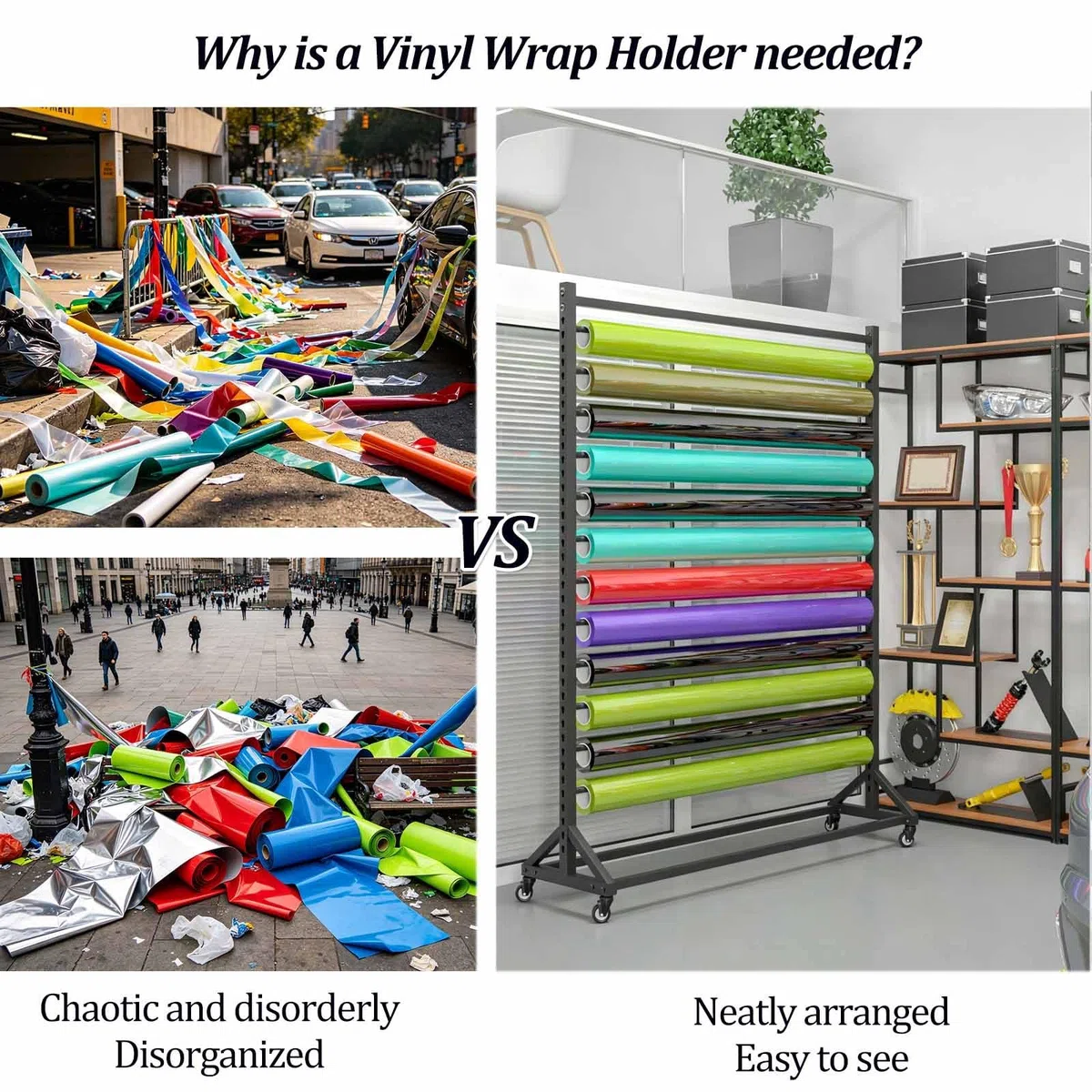 Expositor vinilo rotulación coches, soporte para rollos vinilo con ruedas | Espaciado ajustable, organizador vertical para vinilo, para papel pintado, rollos de tela y manteles, negro(6-tier)