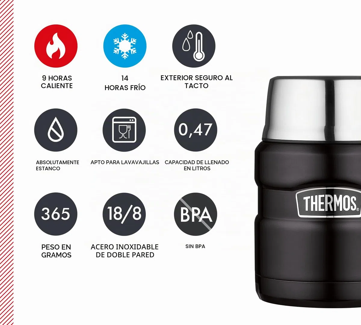 Recipiente para Alimentos de Acero Inoxidable de Thermos, Acero Inoxidable, Negro, 9,3 x 9,3 x 14,2 cm