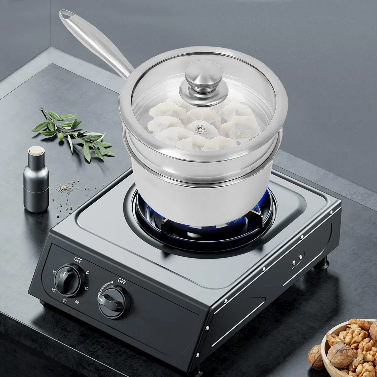 Olla de vapor de inducción, olla de vapor con tapa de cristal y vaporera, olla de acero inoxidable de 16 cm, apta para lavavajillas, para cocina de gas, cocina de inducción