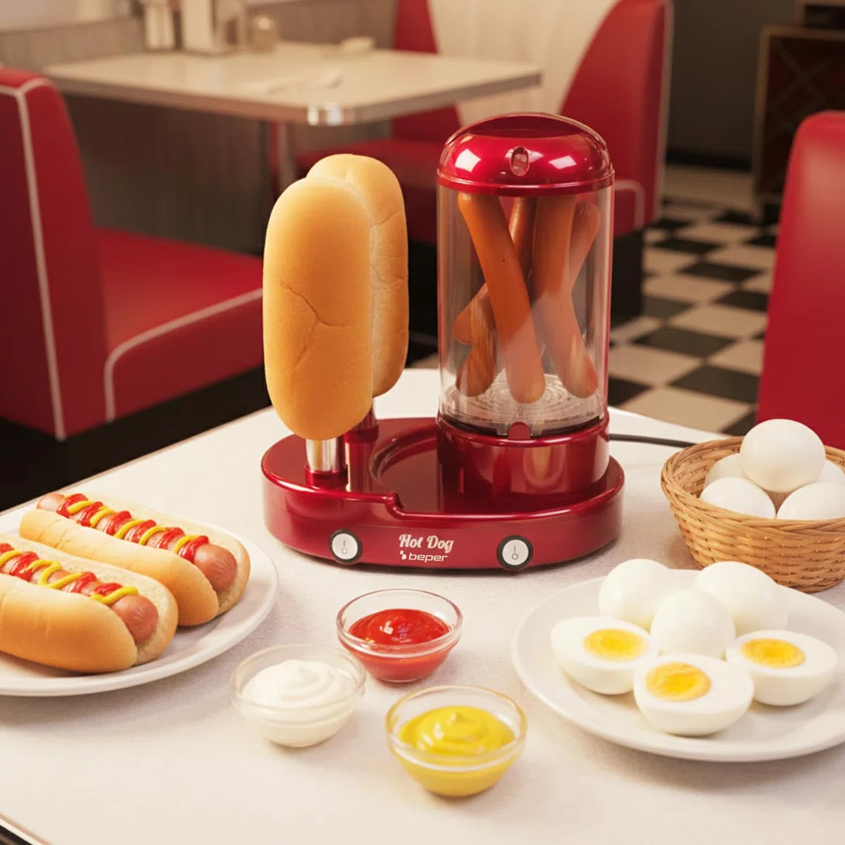 BEPER P101CUD502 Máquina para hacer perritos calientes y cocer huevos 3 en 1, vaporera para salchichas y huevos, calentador de panecillos con 2 varillas de acero inoxidable, 440 W, interruptor doble
