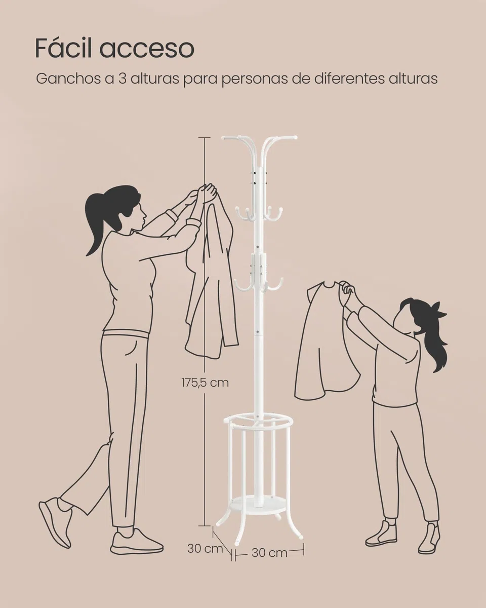 SONGMICS Perchero, Perchero con Paragüero, 12 Ganchos, Estructura Metálica, 175 cm de Alto, para Entrada, Salón, Dormitorio, Blanco Perla RCR011W01