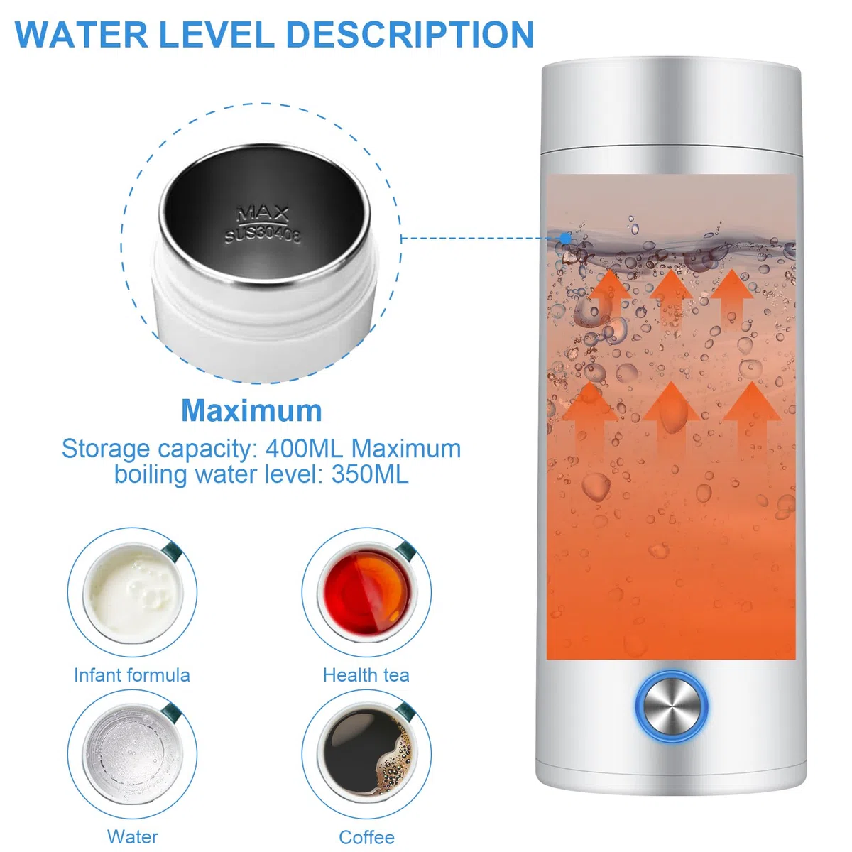 Mkitnvy Hervidor de agua eléctrico de viaje,Calentador de Agua de 400ML,mini camping,5 minutos de cocción rápida,para la preparación de té, café y leche para bebés