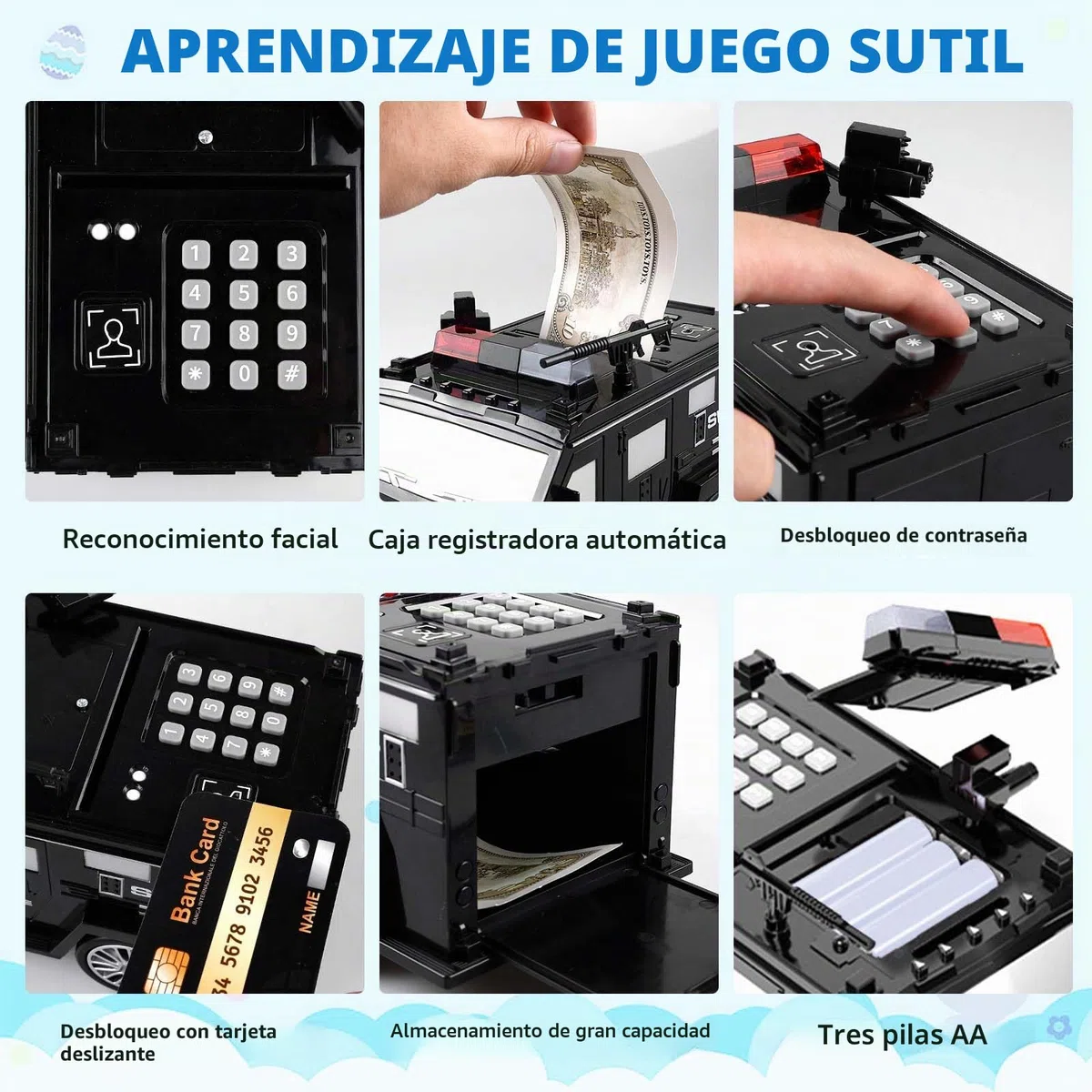 Vegena - Hucha electrónica para niños y niños (camión blindado, hucha mágica, con cerradura de código, tarjeta bancaria, alarma antirobo y efectos de sonido