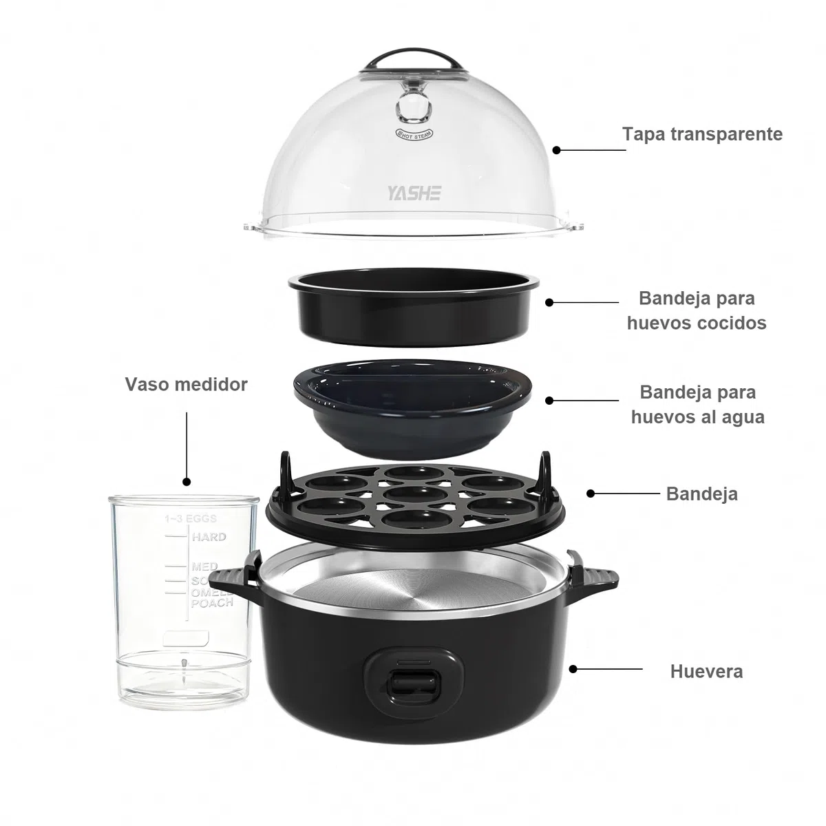 YASHE Cocedor de huevos, 7 huevos duros, para escalfar huevos, tortillas, bandeja y recipiente para huevos libres de BPA, señal acústica