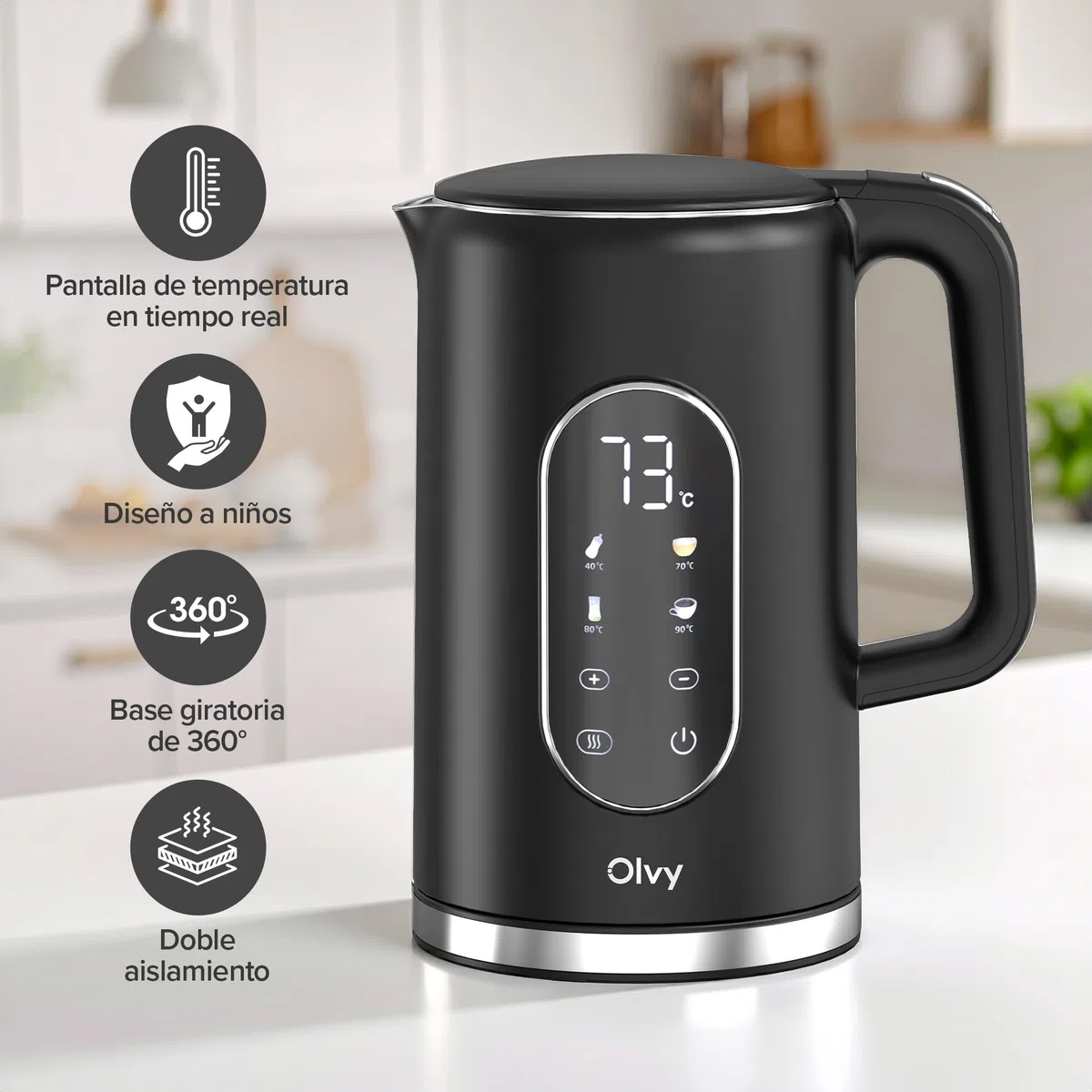 Olvy Hervidor eléctrico 1,7 L de acero inoxidable - Hervidor de agua eléctrico 2200 W con control de temperatura, función mantener caliente, calienta agua eléctrico y filtro antical (negro)