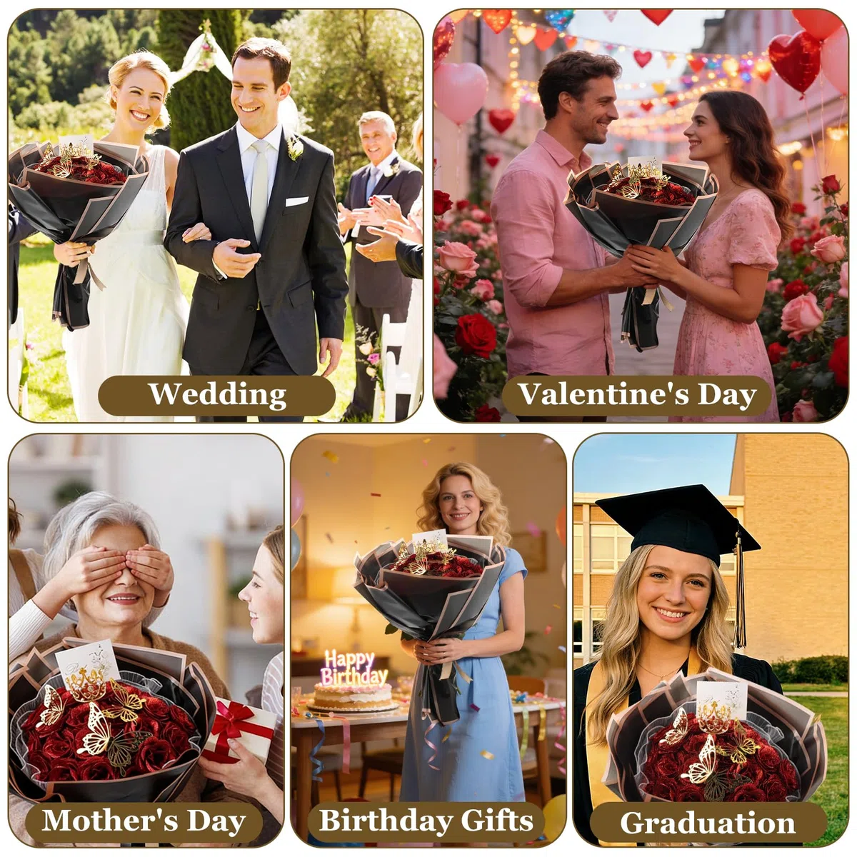 DRAKEWOOD Ramo de Rosas Purpurina Rojas con 24 Piezas Rosas Artificiales Burdeos Mariposa Corona y Tarjetas - Ramo de Flores Brillantes para San Valentín Compromiso Boda Aniversario día de la Madre