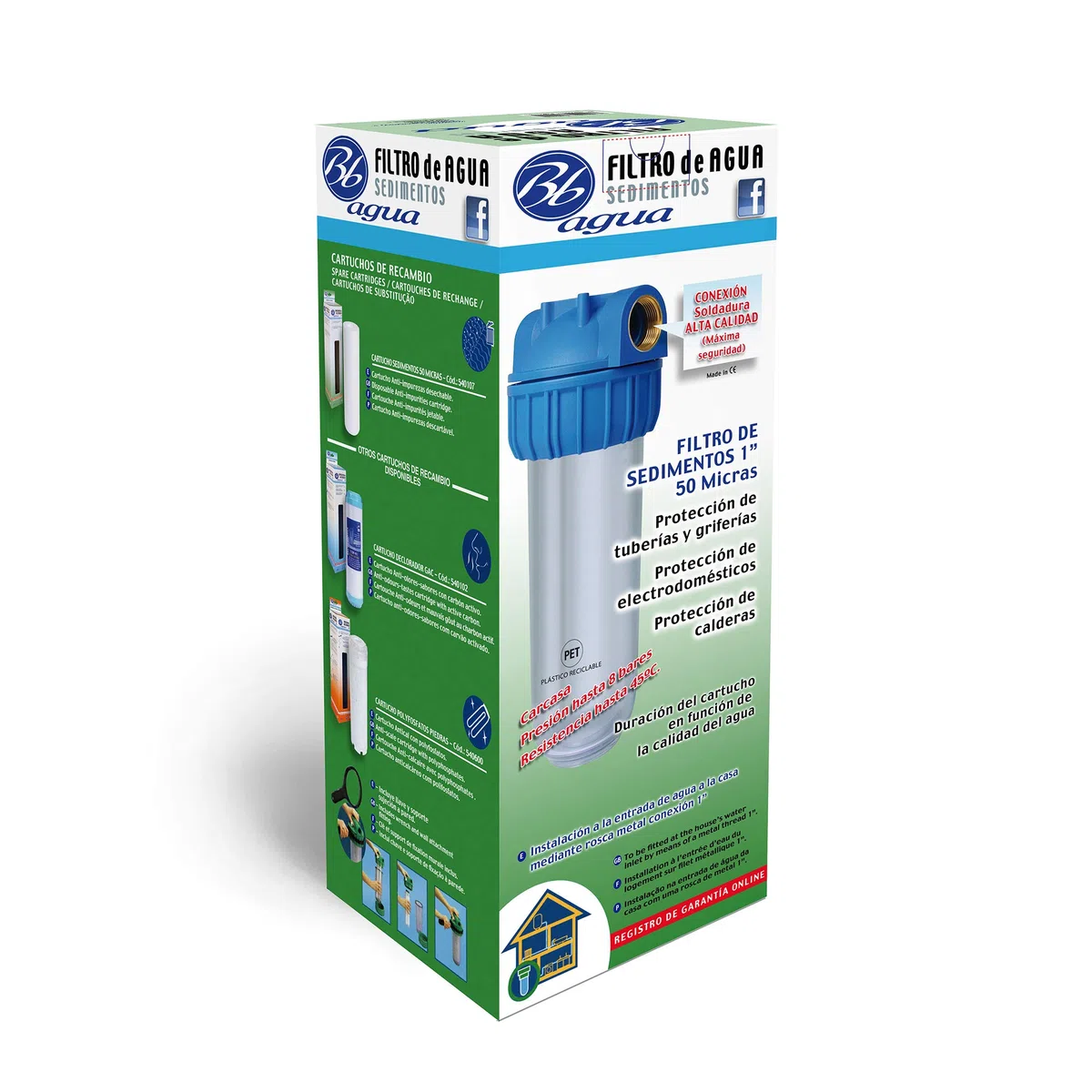 Bbagua Portafiltro de agua 10” con filtro de sedimentos incluido, rosca 1”, 50 micras, soporte y llave | Prefiltro para arena, barro y partículas